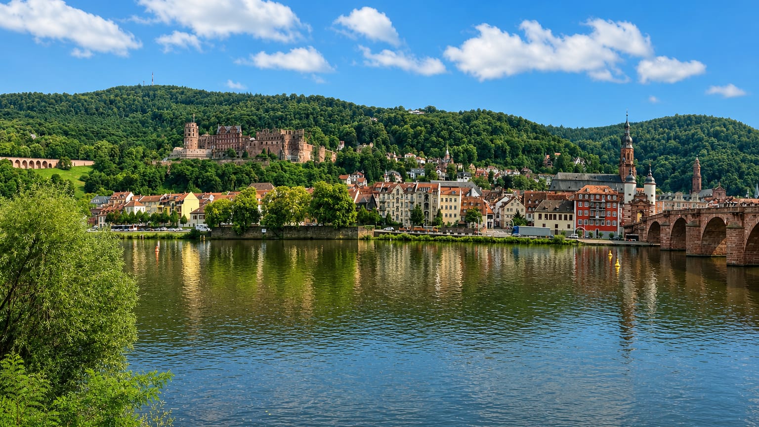 Heidelberg, Germany, with its hilltop castle, Old Bridge, and the Neckar River below forested hills.