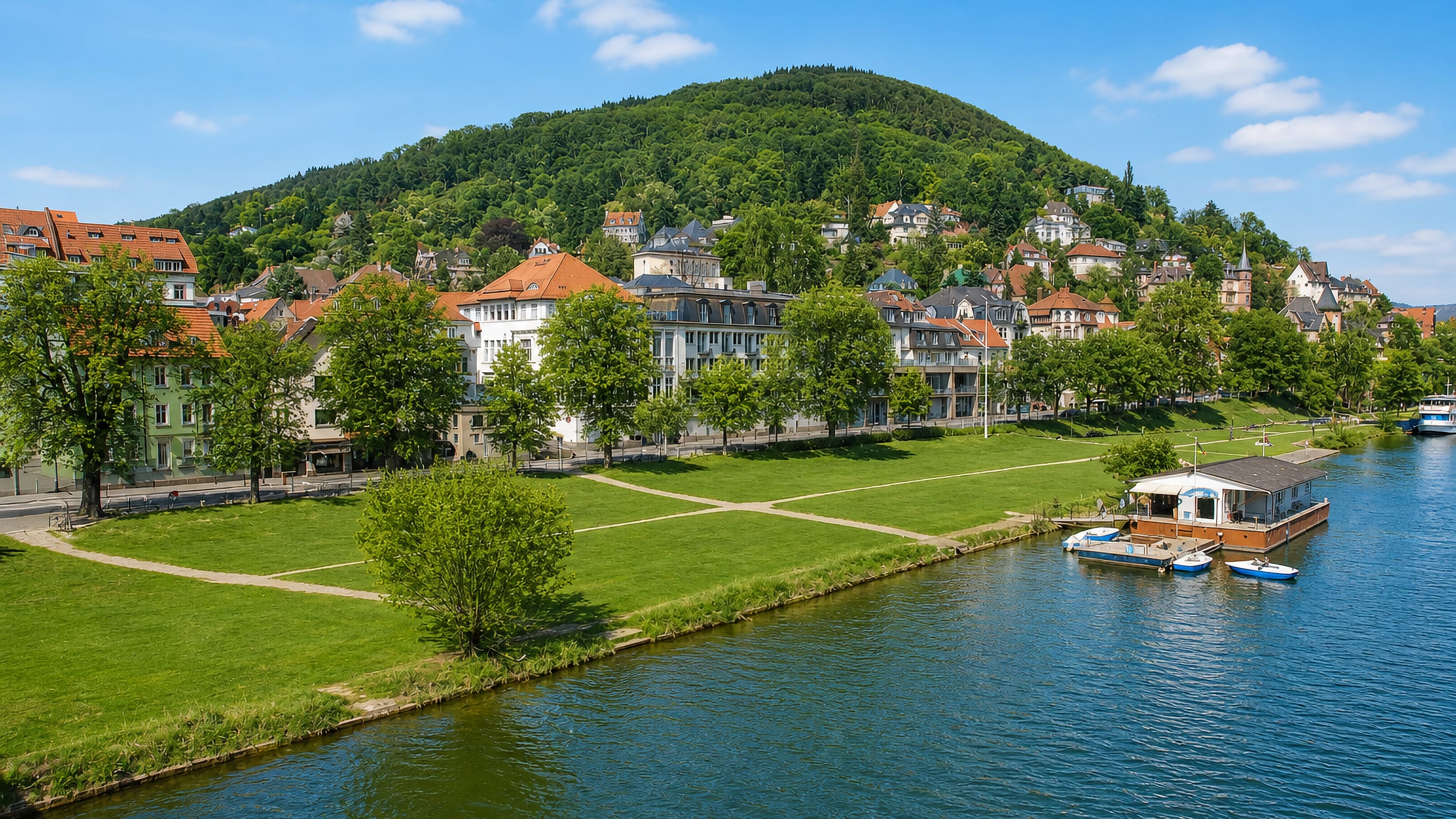 The Neckar river and Neckarwiese lawn below the wooded Heiligenberg in Neuenheim, Heidelberg