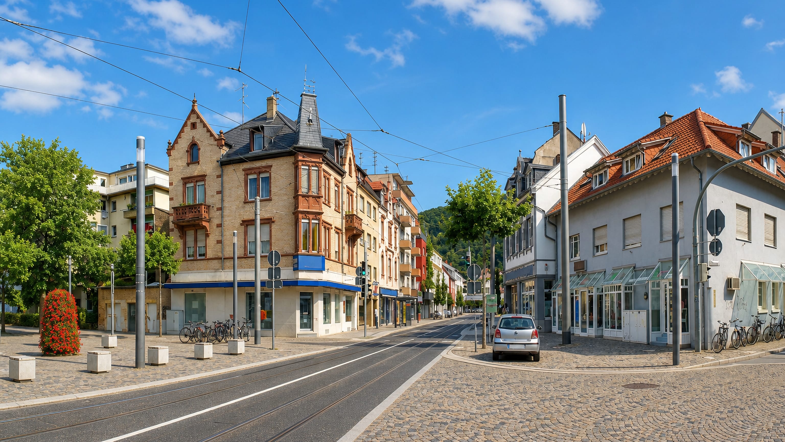 Tram tracks and a turreted Gründerzeit corner building on the main street of Rohrbach, Heidelberg.
