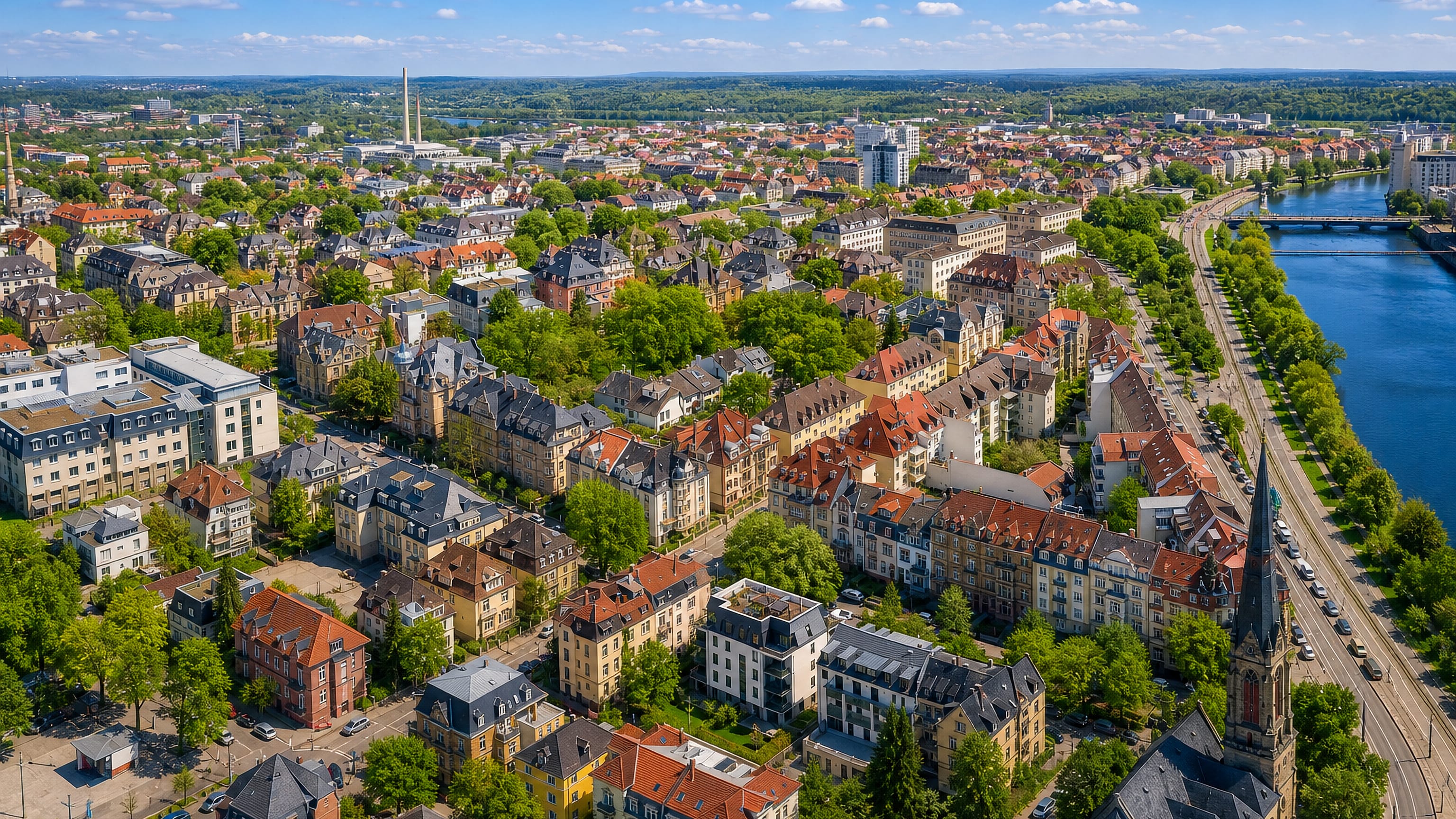 Aerial view of Gründerzeit streets, a neo-gothic church spire and the river in Weststadt, Heidelberg.