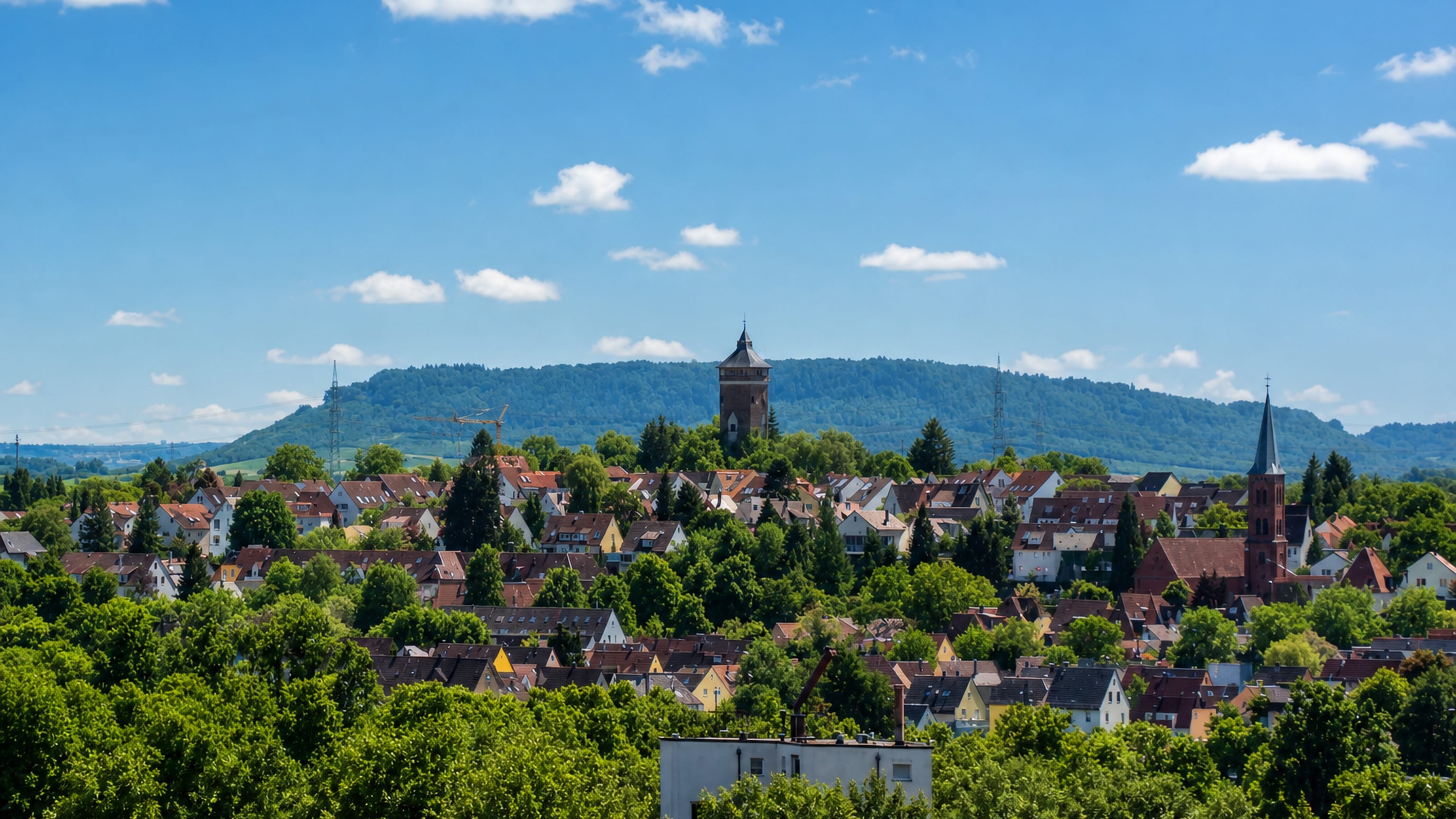 Bockingen, Heilbronn, seen over treetops: tiled rooftops, a church spire and a brick hilltop tower beyond.