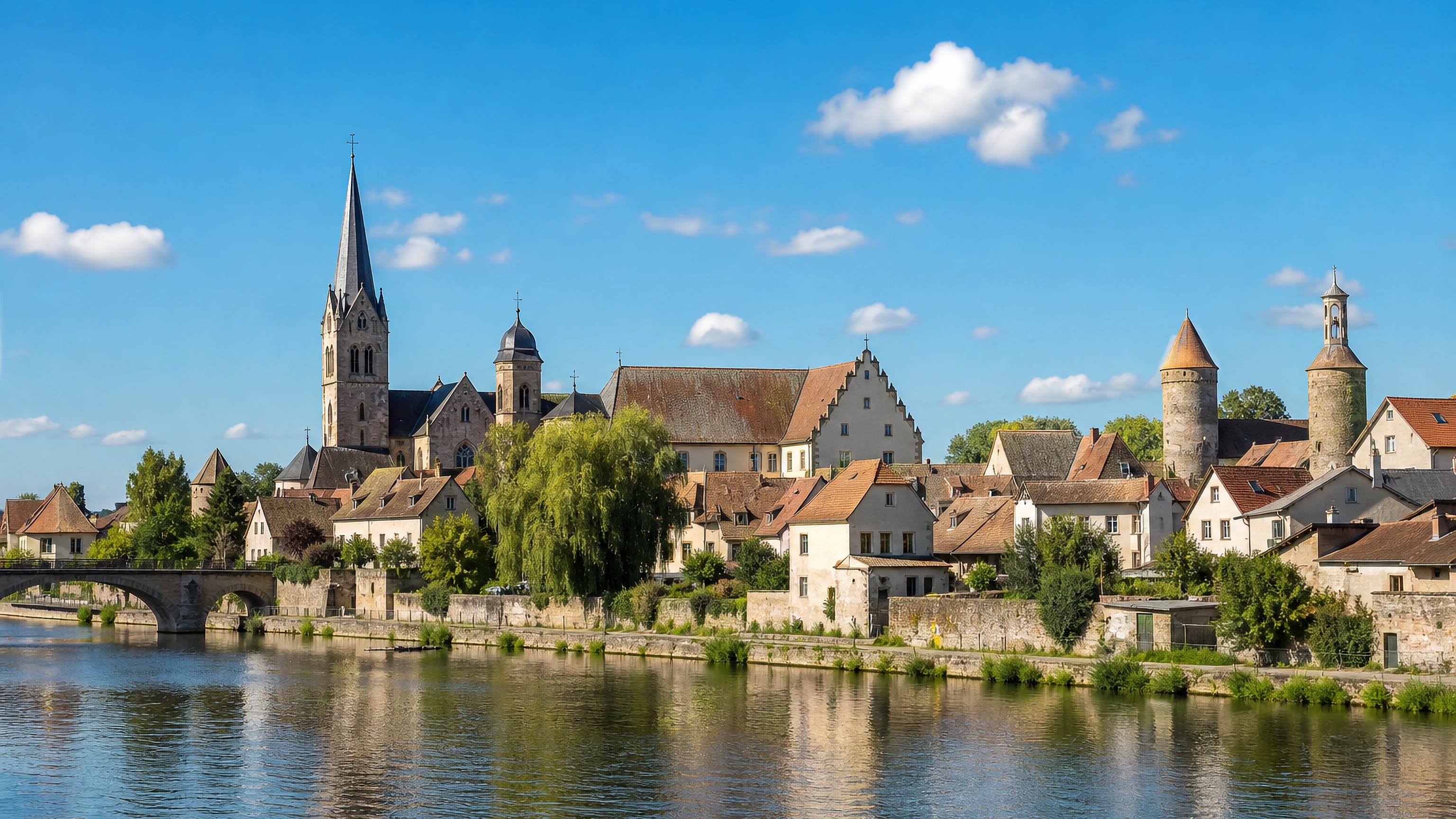 Old riverside houses, a Gothic church spire and round stone towers on the waterfront at Daxlanden, Karlsruhe.