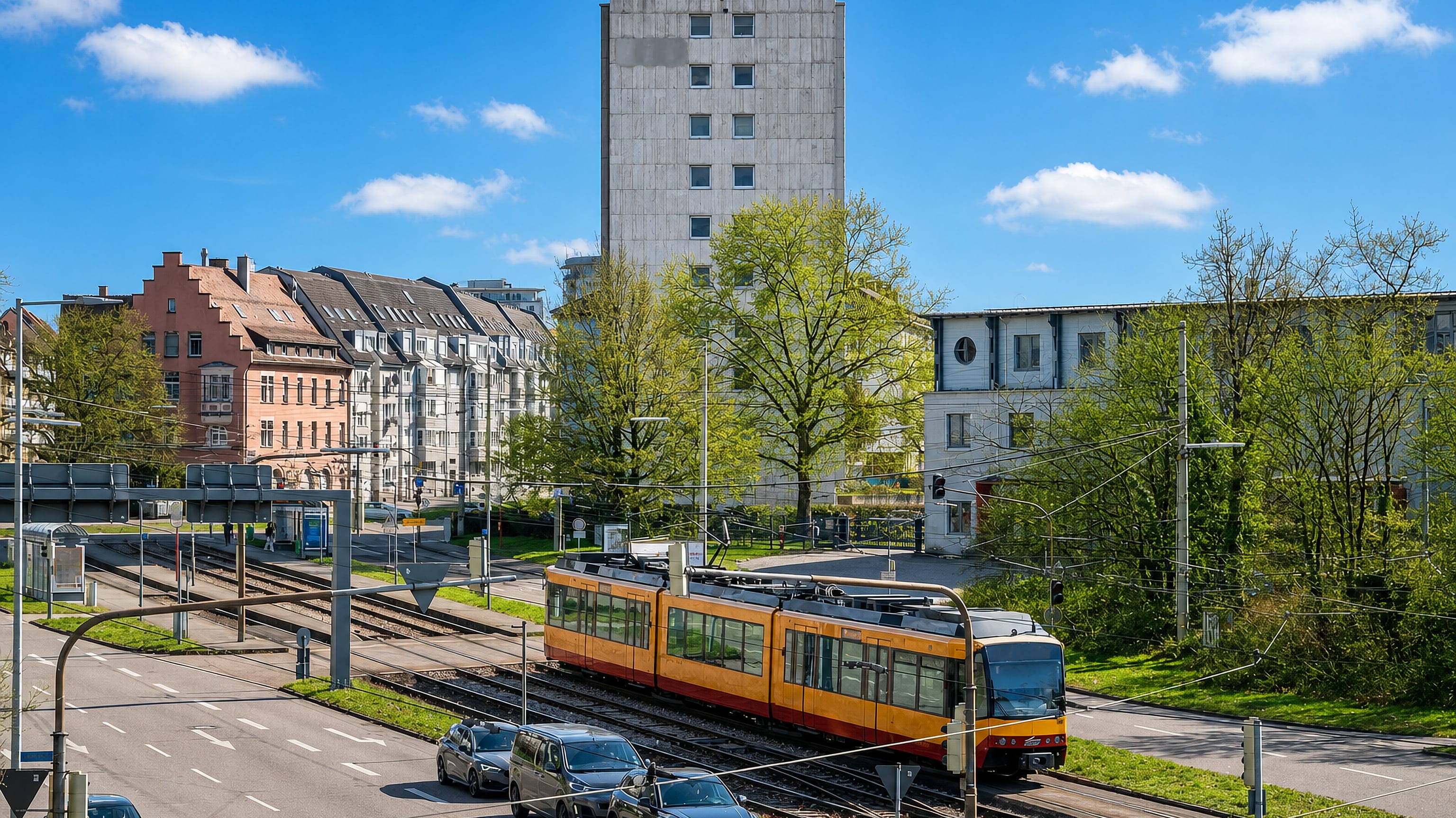 A yellow-and-red Karlsruhe Stadtbahn tram passing apartment blocks and a road in Mühlburg, Karlsruhe