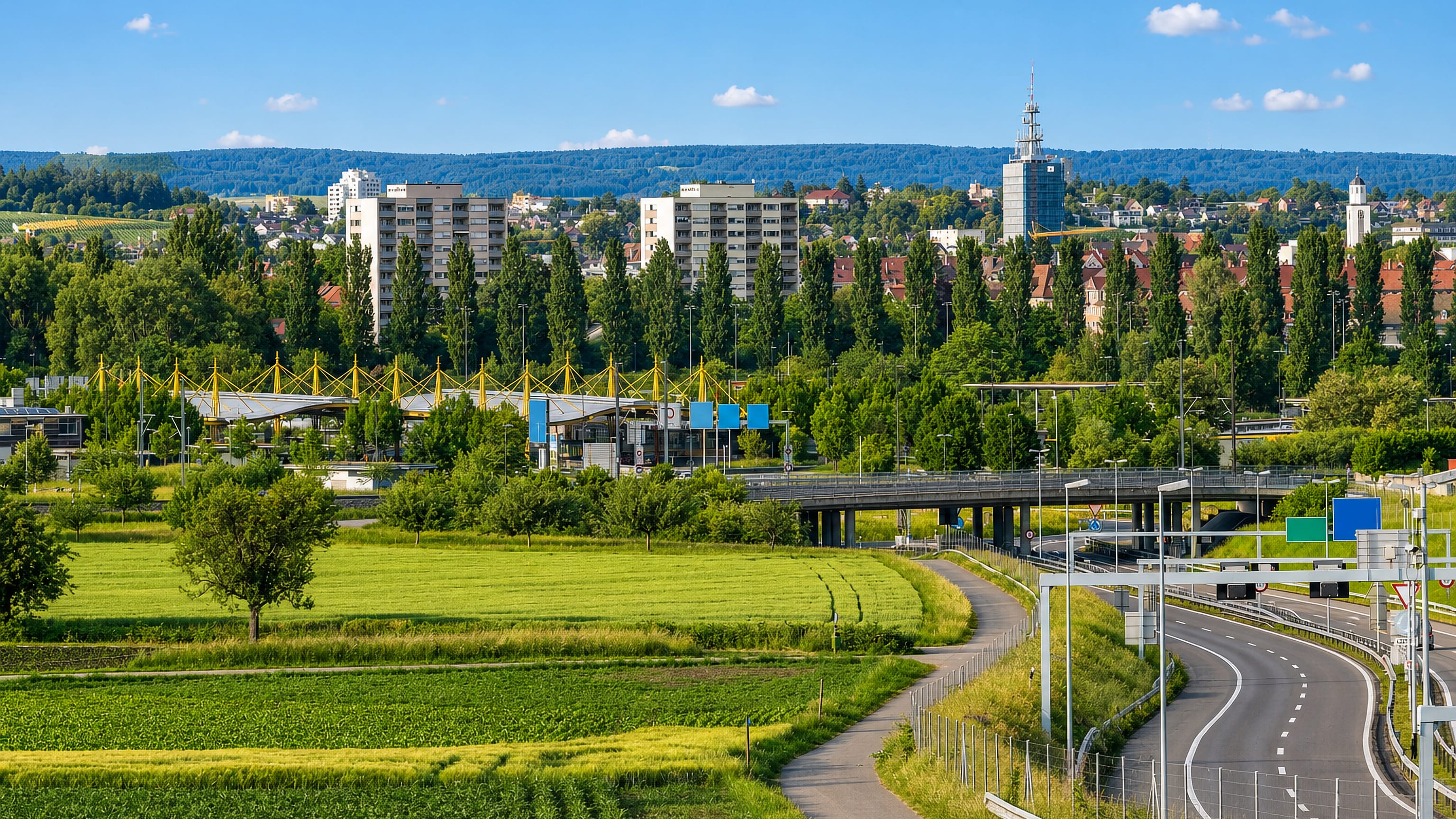 Fields and a cycle path beside a road viaduct on the edge of the Paradies quarter, Konstanz.