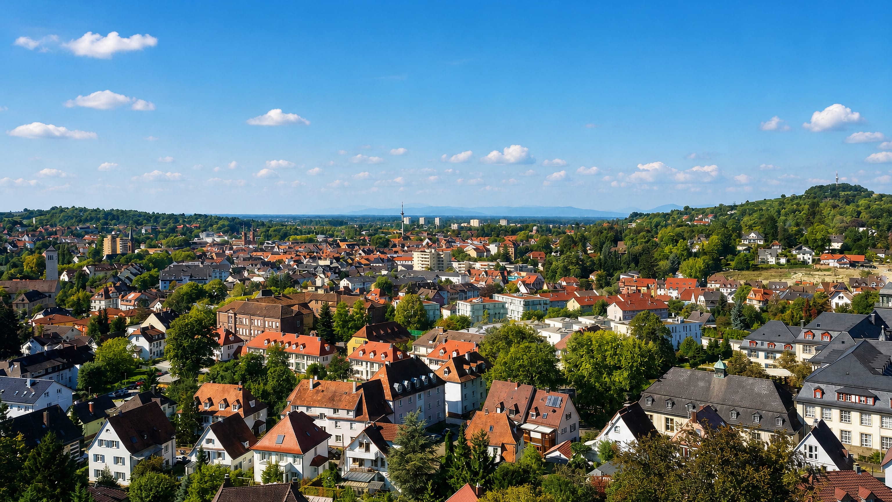 Red-tiled rooftops of Lahr spreading across the Rhine plain below the wooded Black Forest edge.
