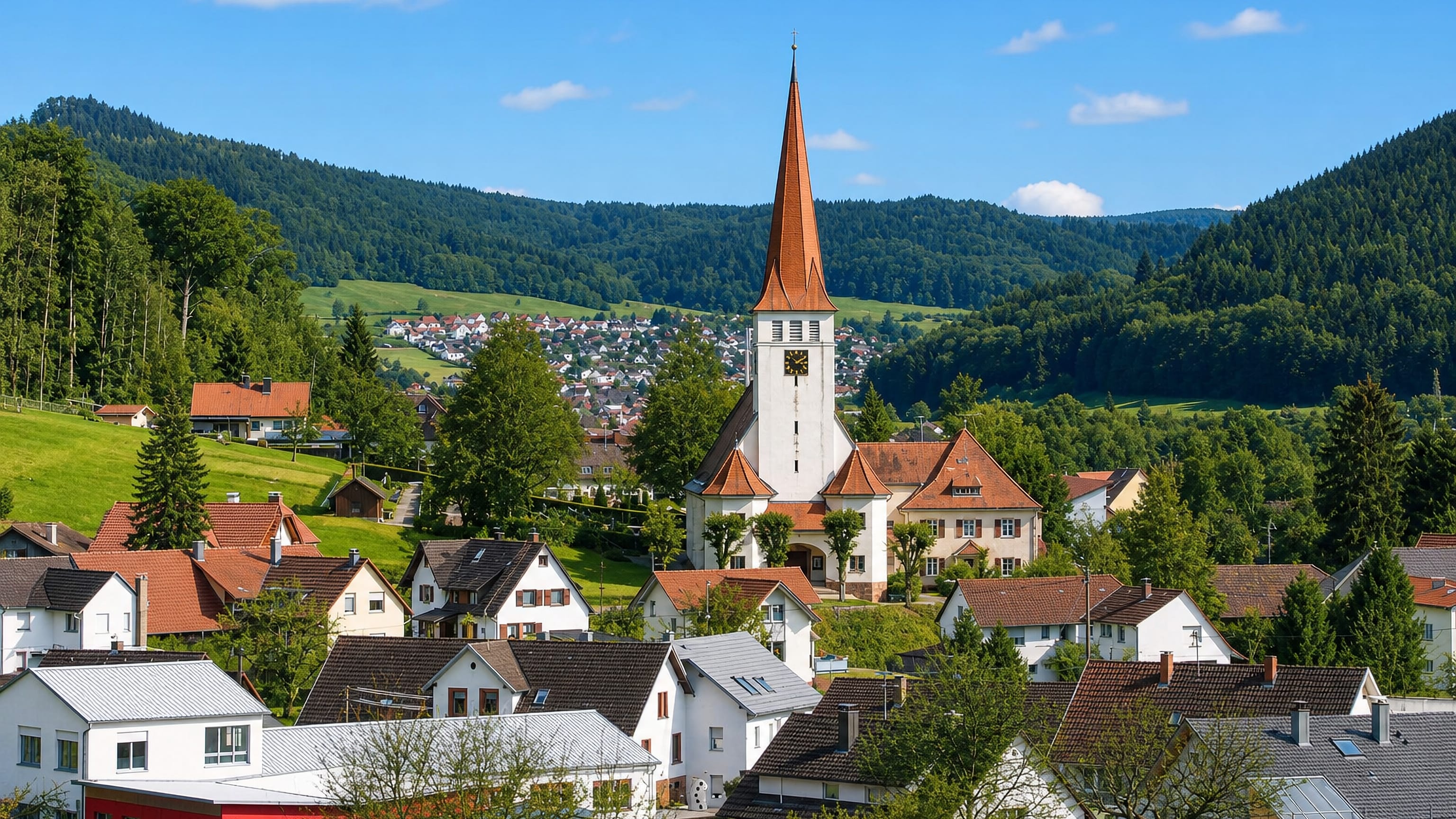 Kuhbach village in Lahr, its white church spire rising above red-roofed houses and Black Forest hills.
