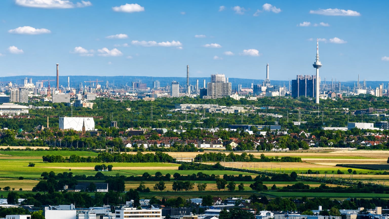Mannheim skyline with its telecommunications tower rising beyond farmland and suburban rooftops.