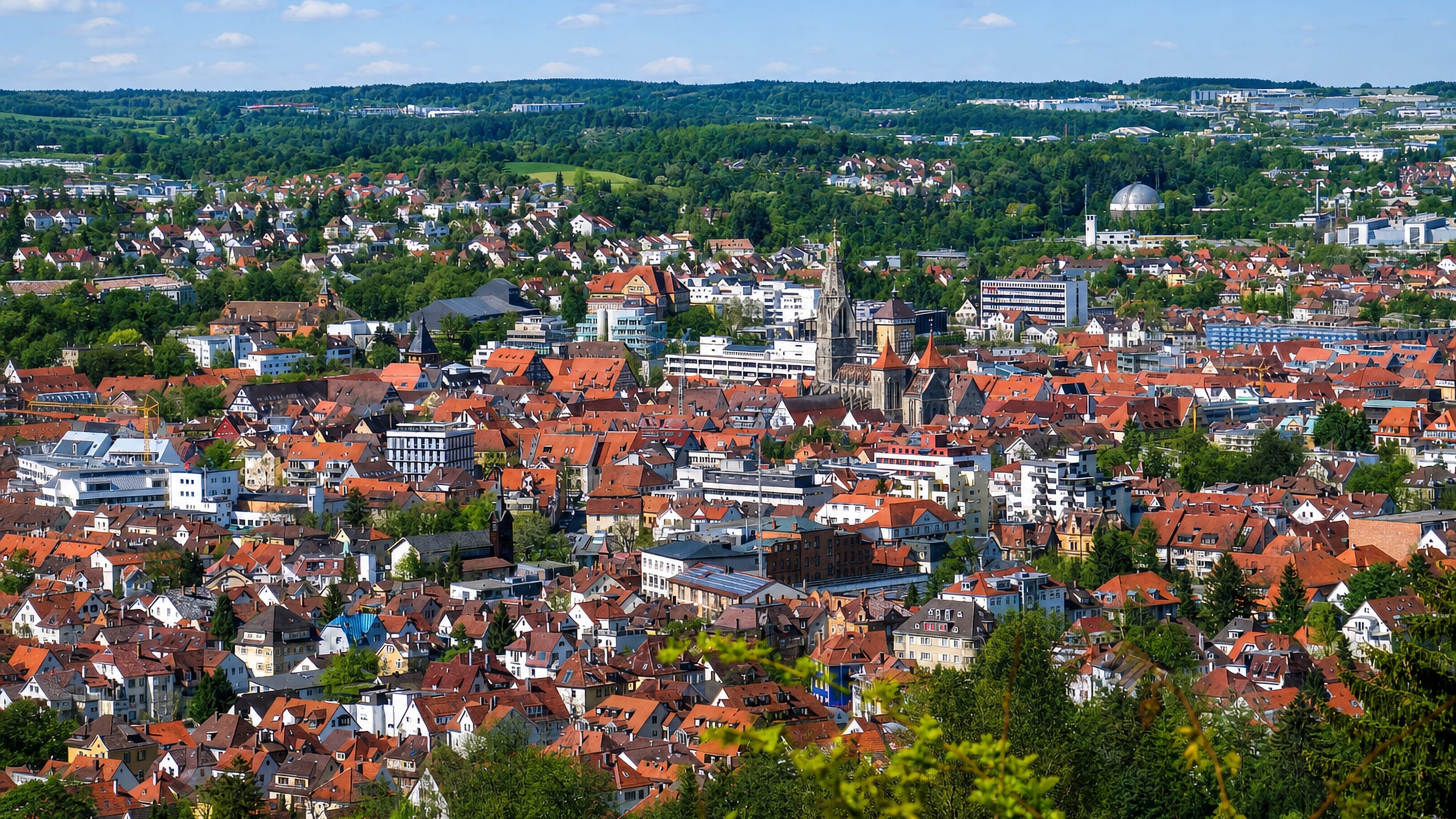 Reutlingen's red-tiled old town below wooded Swabian hills, with the Marienkirche spire rising at its centre.