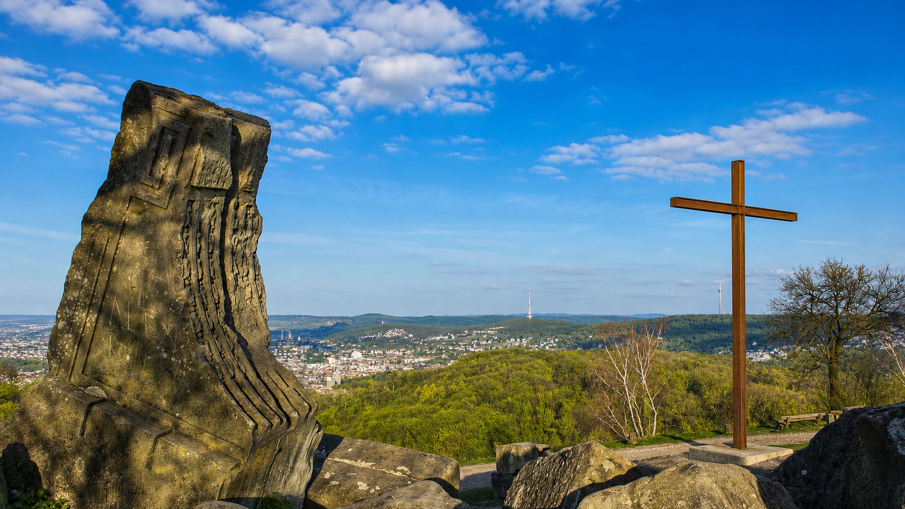 Stuttgart's basin skyline seen from the Birkenkopf hilltop, with its summit cross and carved stone marker