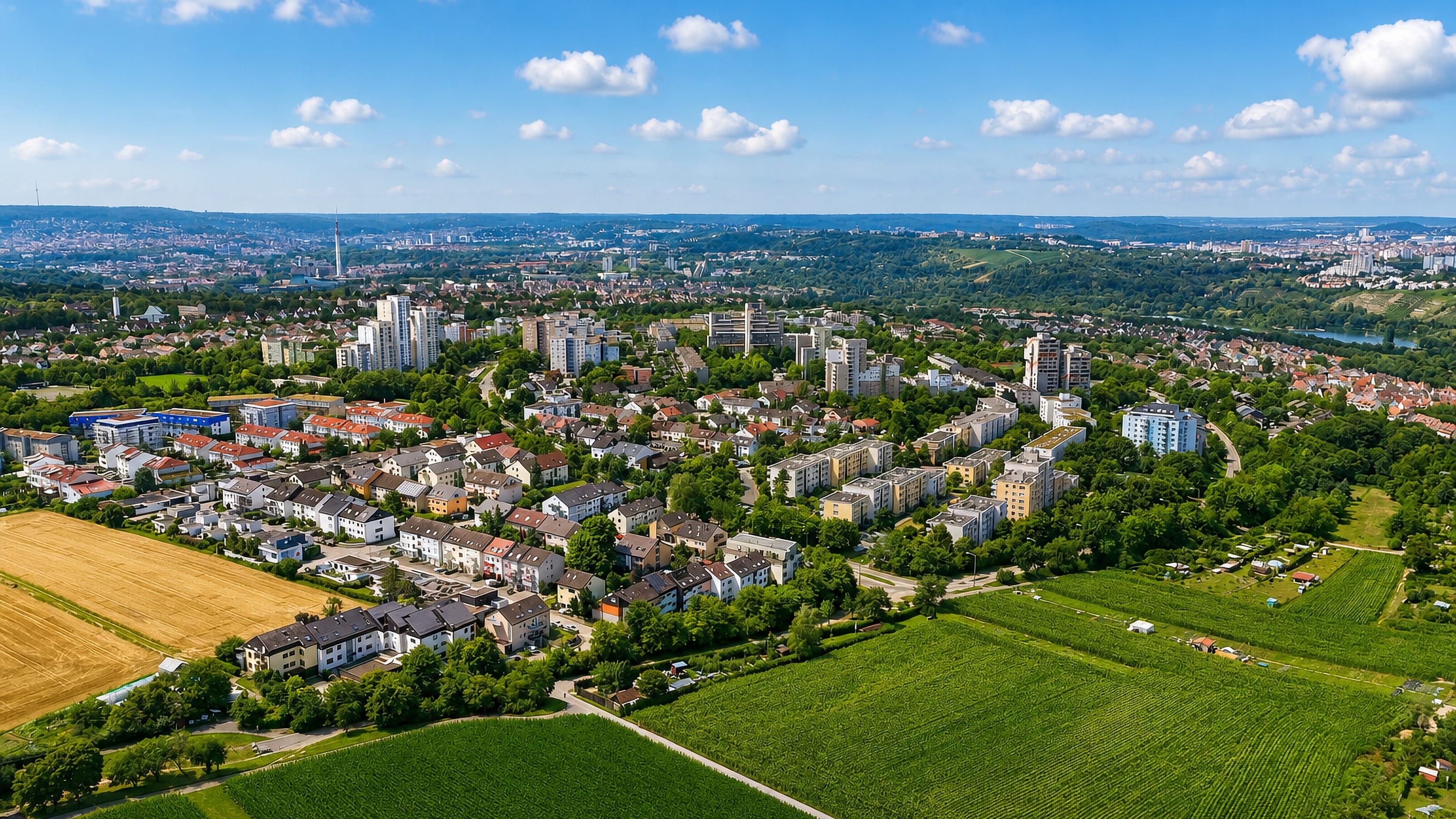 Aerial view of Stuttgart-Mühlhausen, with fields, housing blocks and the Neckar valley stretching to the hills.