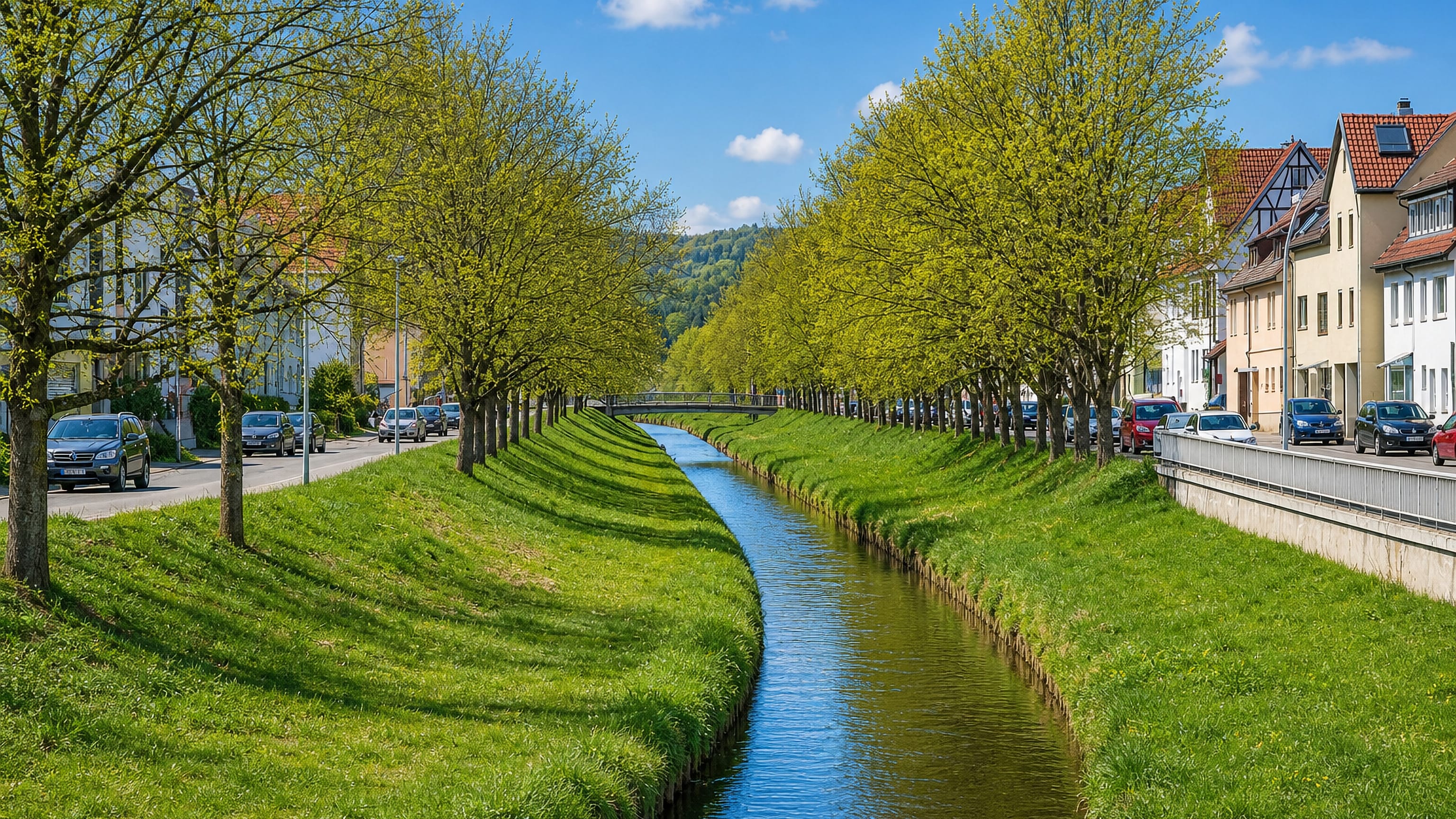 Tree-lined canal running through Lustnau in Tübingen, with gabled houses and wooded Schönbuch hills behind.