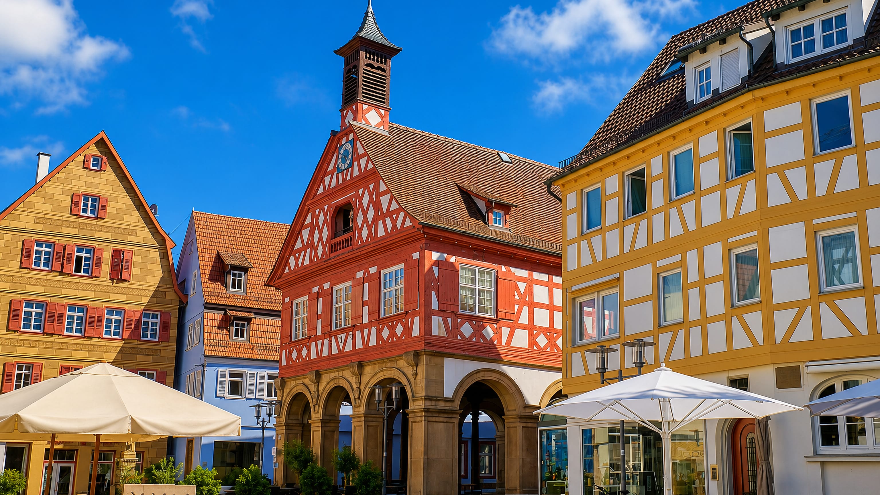 Half-timbered houses and an arcaded town hall around the old market square in Waiblingen, Germany.
