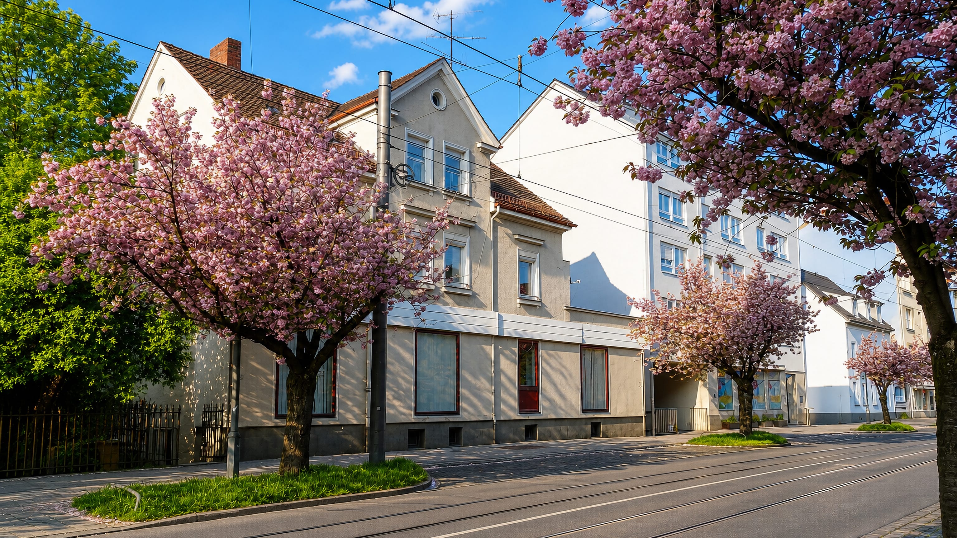 Cherry blossom and tram tracks along a residential street in Oberhausen, a district of Augsburg.