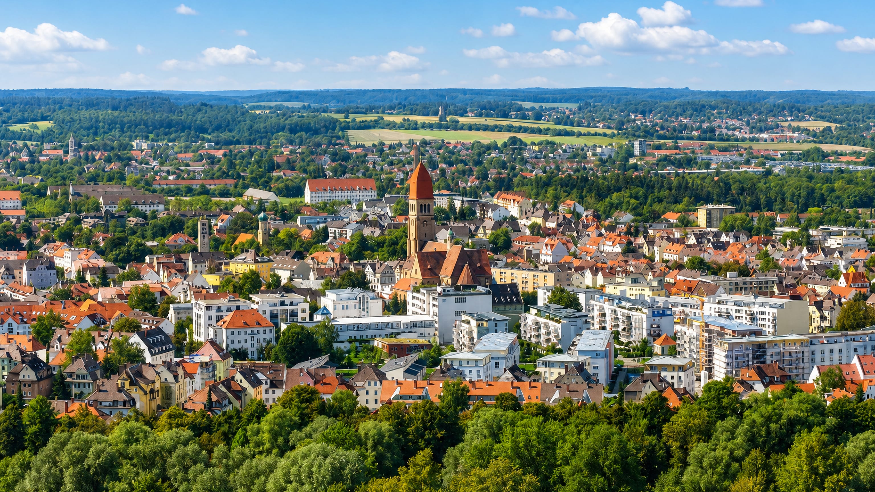 Elevated view over Pfersee in Augsburg, a red-brick church tower rising above tiled roofs and woodland.