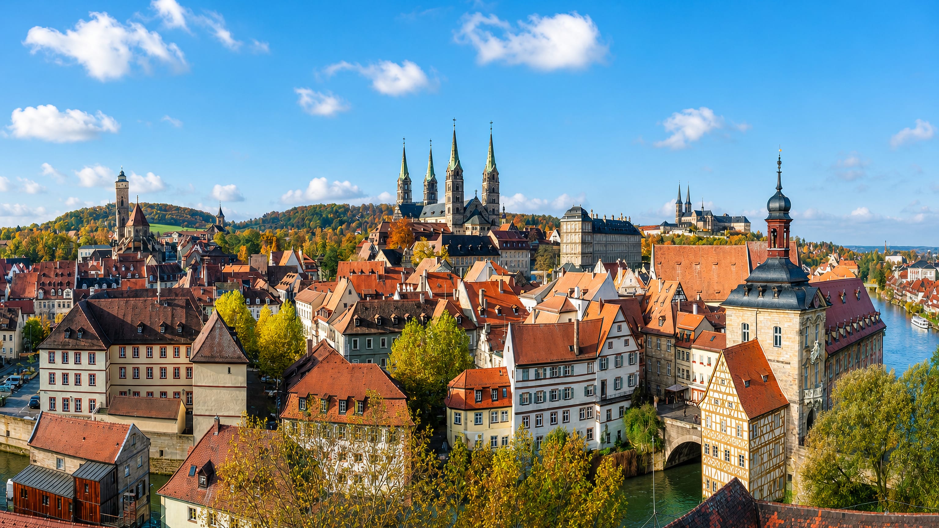 Bamberg's red-tiled old town on the Regnitz, with the Old Town Hall and the four-towered cathedral above.