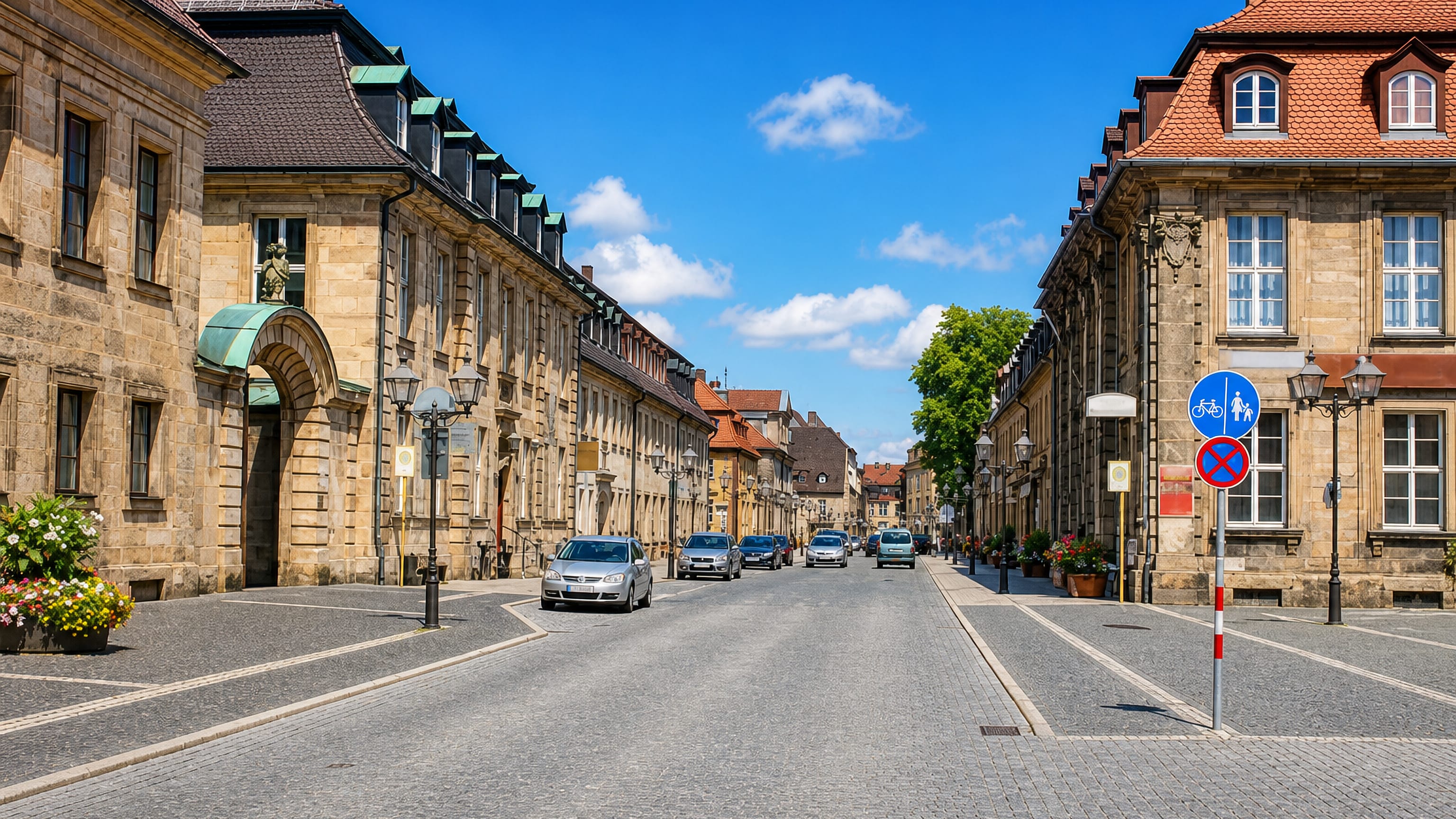 Baroque sandstone facades and red-tiled roofs line a broad cobbled street in Bayreuth, Germany.
