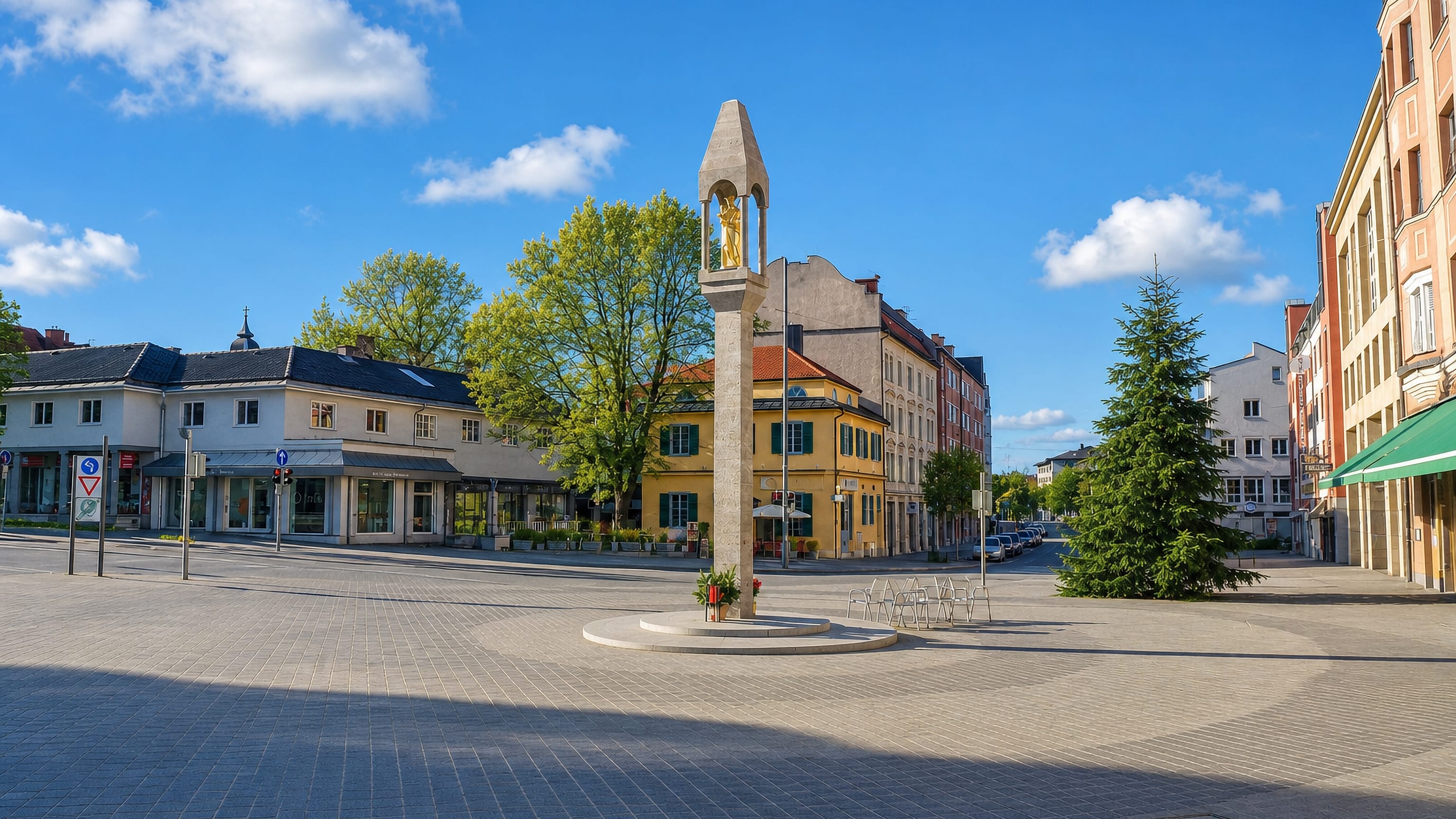 Sunlit pedestrian square in Pasing, Munich, with a stone Marian column and pastel shopfronts under blue sky.