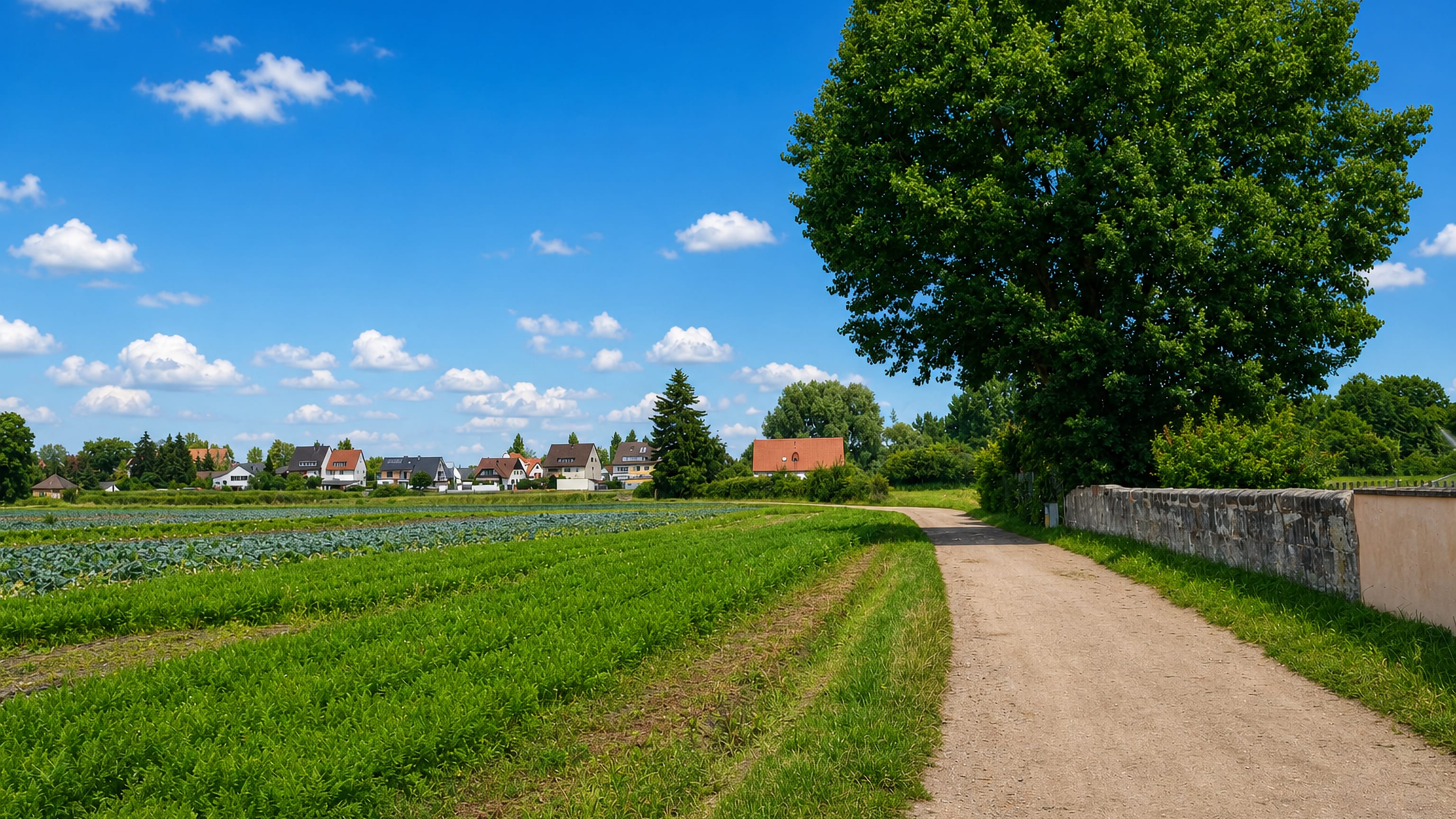 Market-garden fields and a farm track leading to houses in Kleinreuth hinter der Veste, Nuremberg.