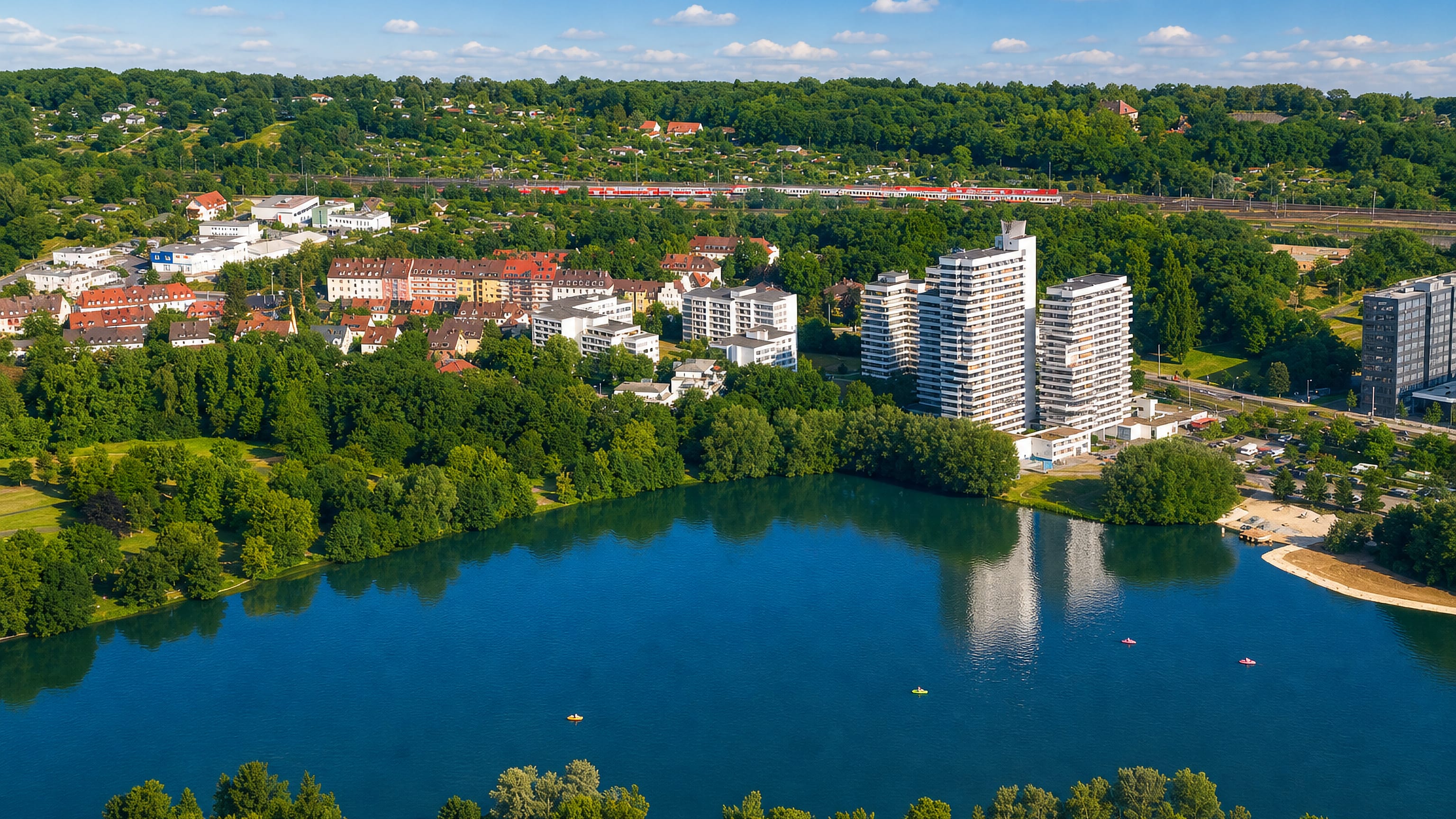 Aerial view over the Wöhrder See with white high-rise blocks and the rooftops of Wöhrd, Nuremberg