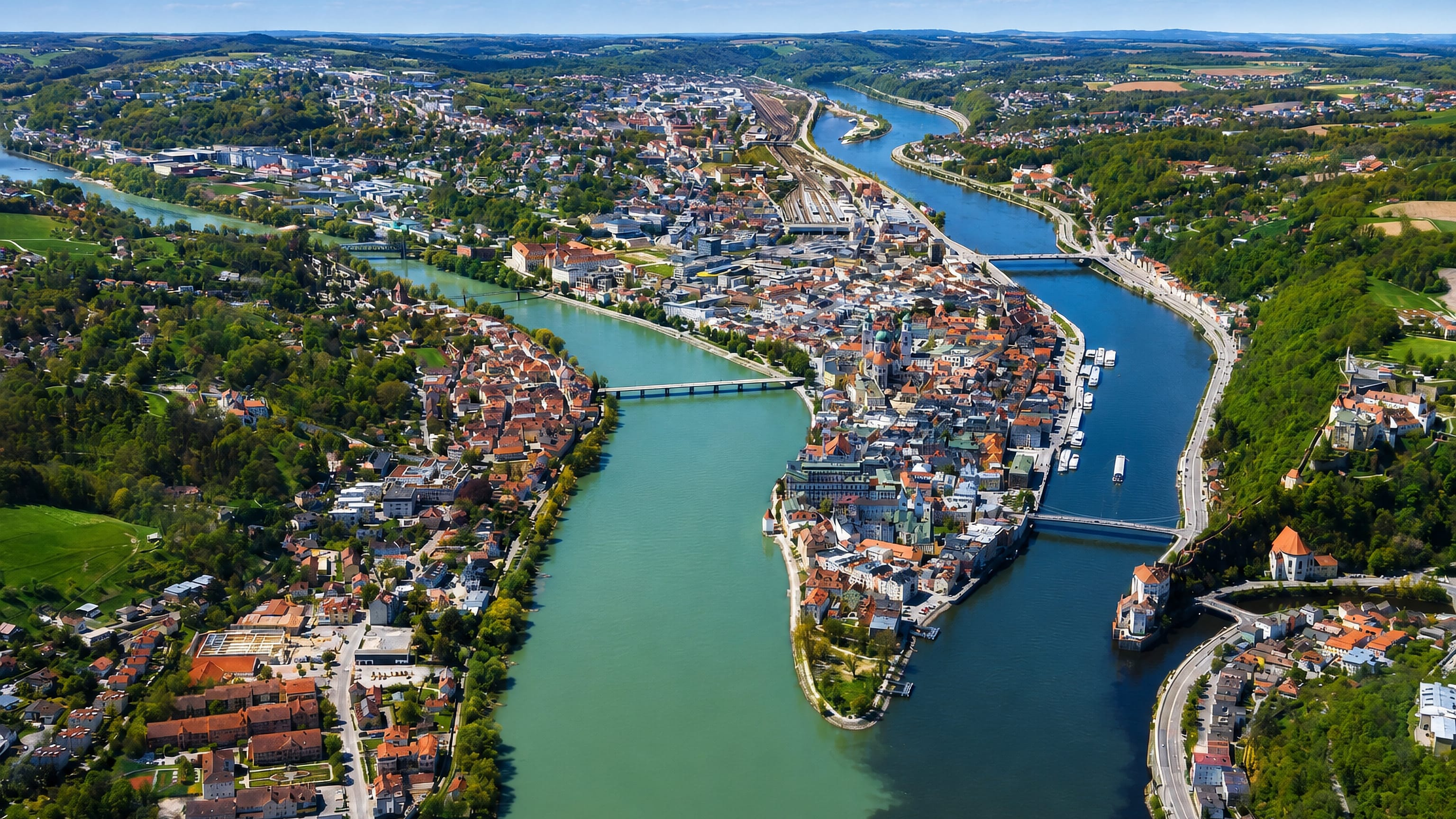 Aerial view of Passau's old town on the peninsula where the green Inn meets the blue Danube in Bavaria.