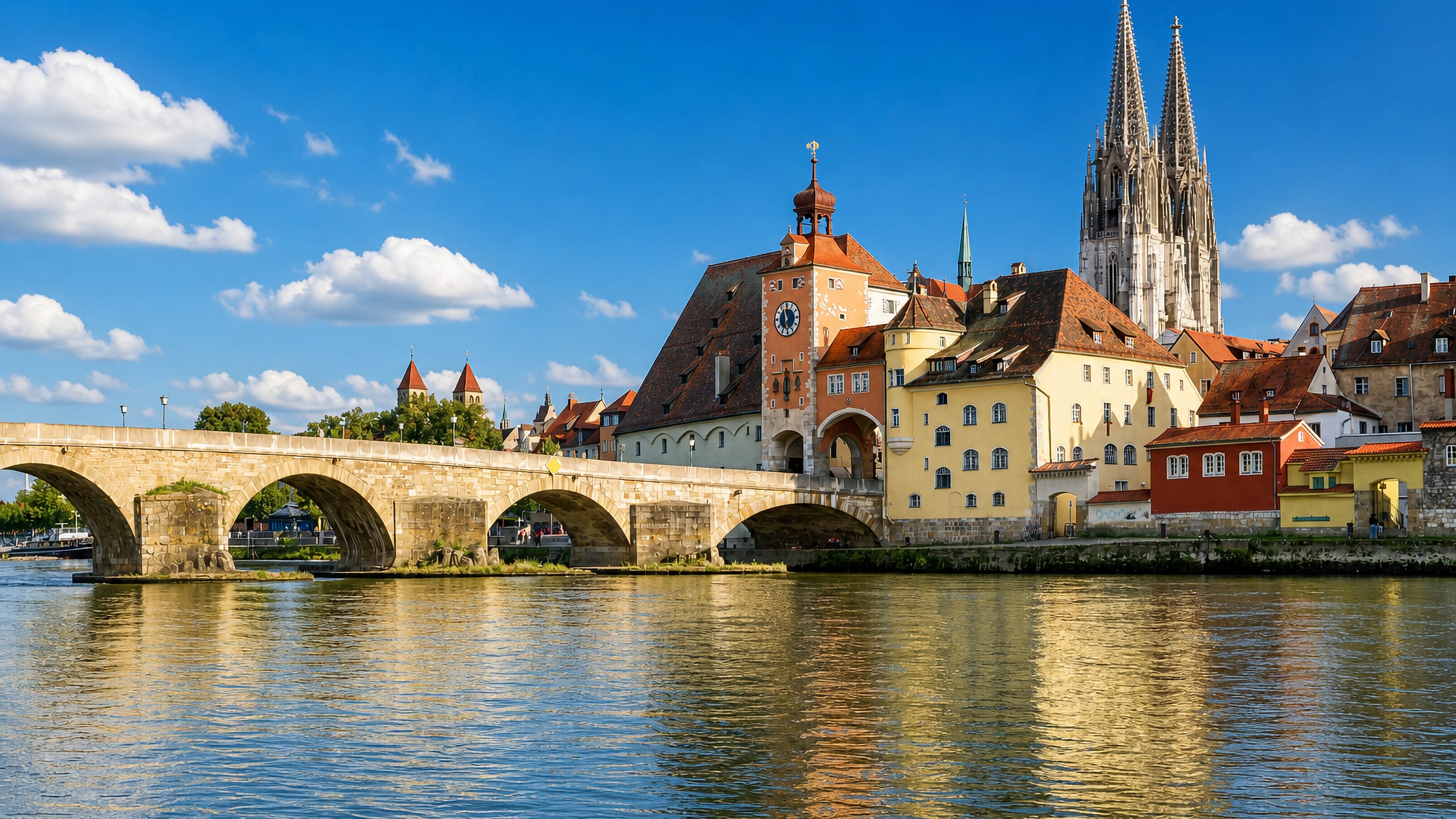 Regensburg's medieval Stone Bridge and clock-tower gate on the Danube, with St Peter's Cathedral spires behind