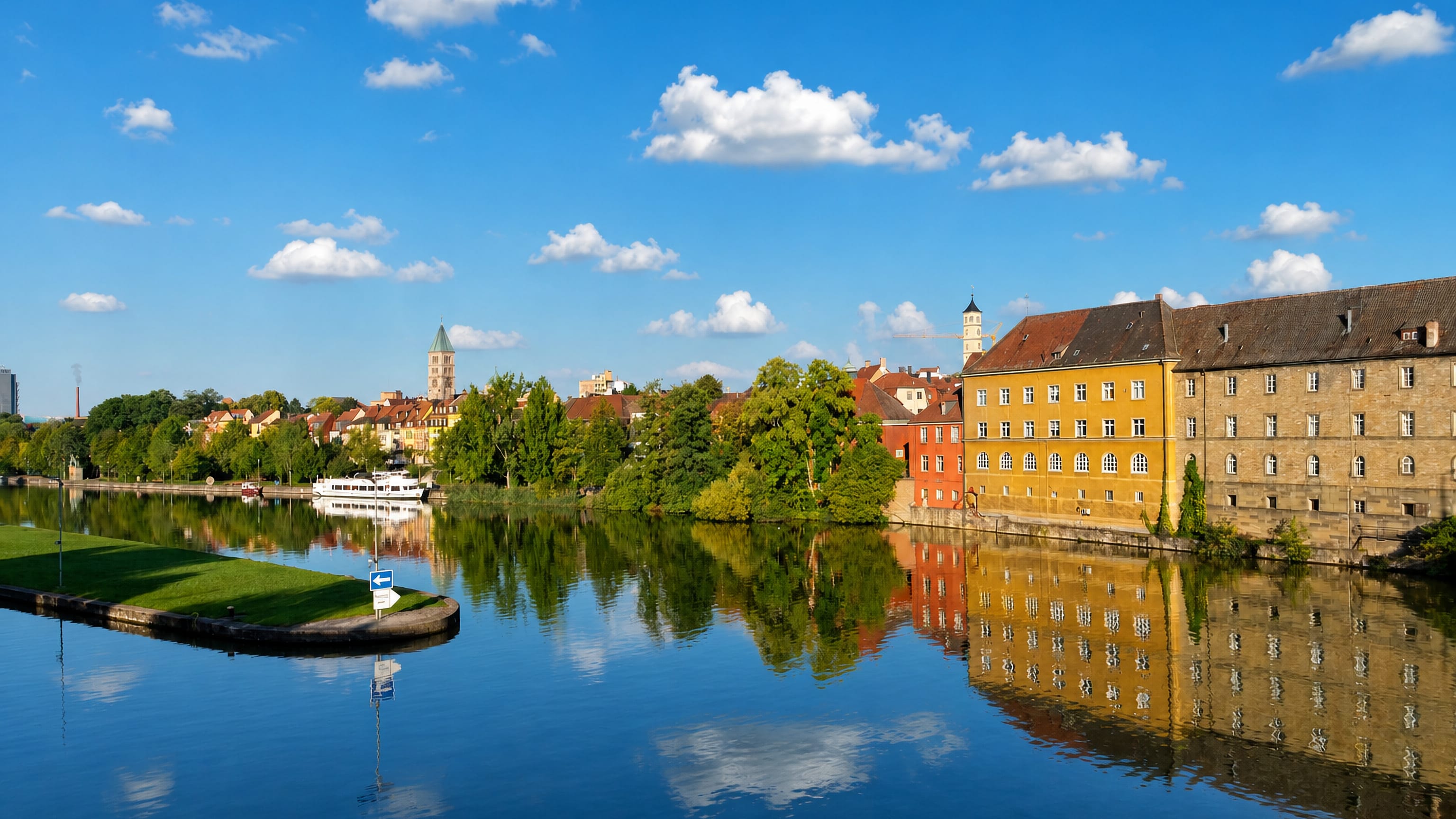 The river Main at Schweinfurt, Germany, with a yellow riverside building, church towers and trees mirrored in calm water.