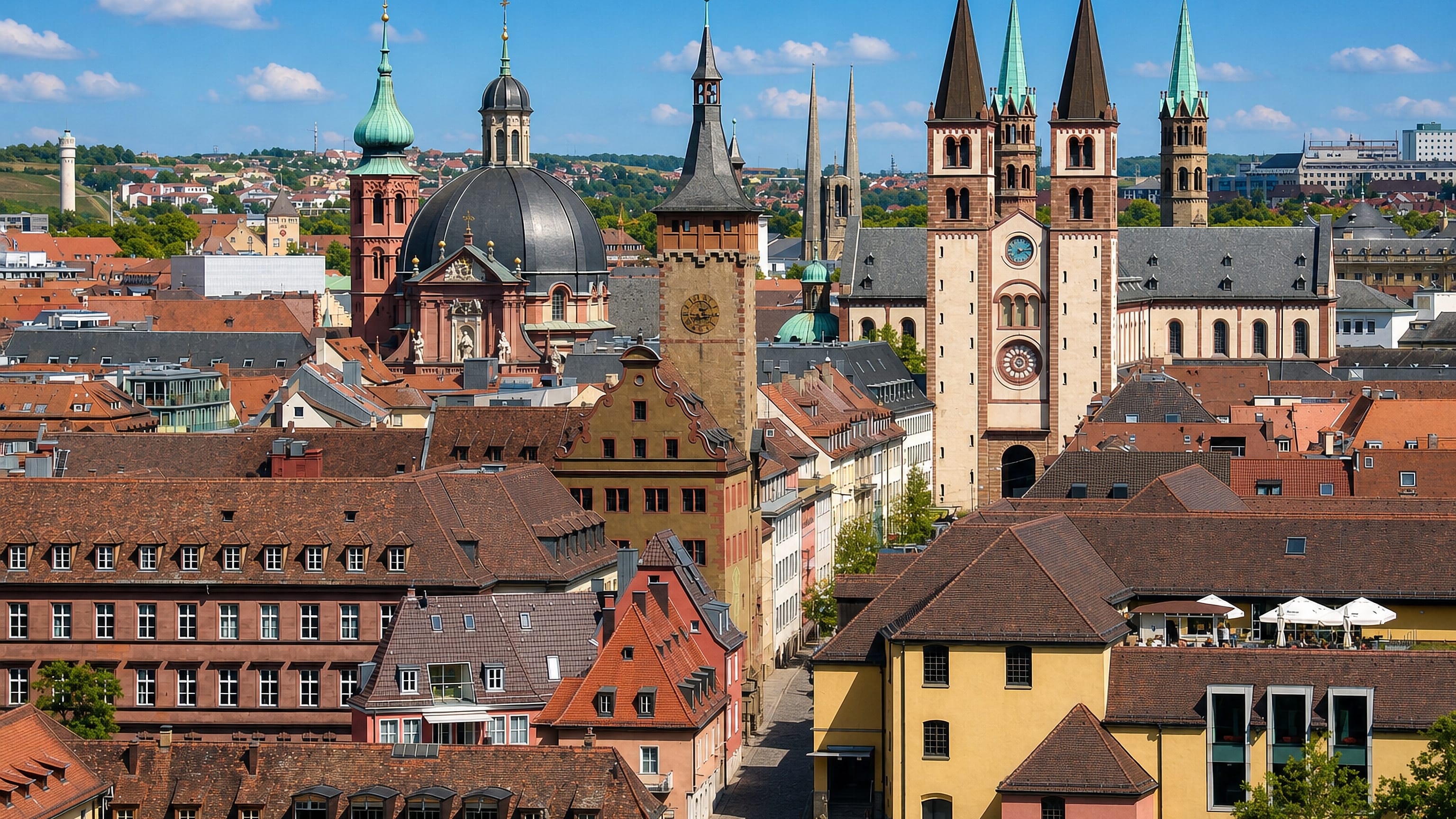 Würzburg old town rooftops with the four towers of St Kilian's Cathedral, the Neumünster dome and Grafeneckart tower