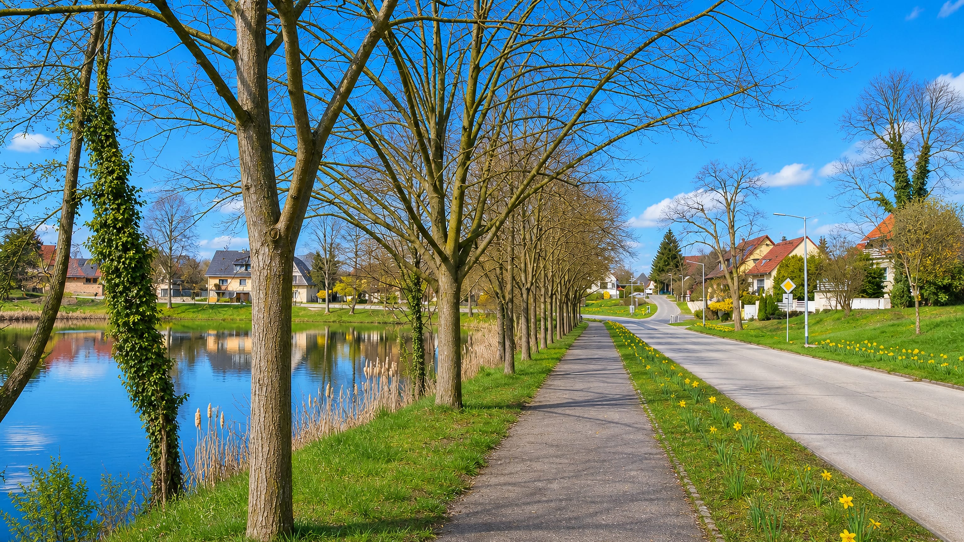 Tree-lined village road beside a pond in Guldendorf on the edge of Frankfurt (Oder), daffodils in bloom.