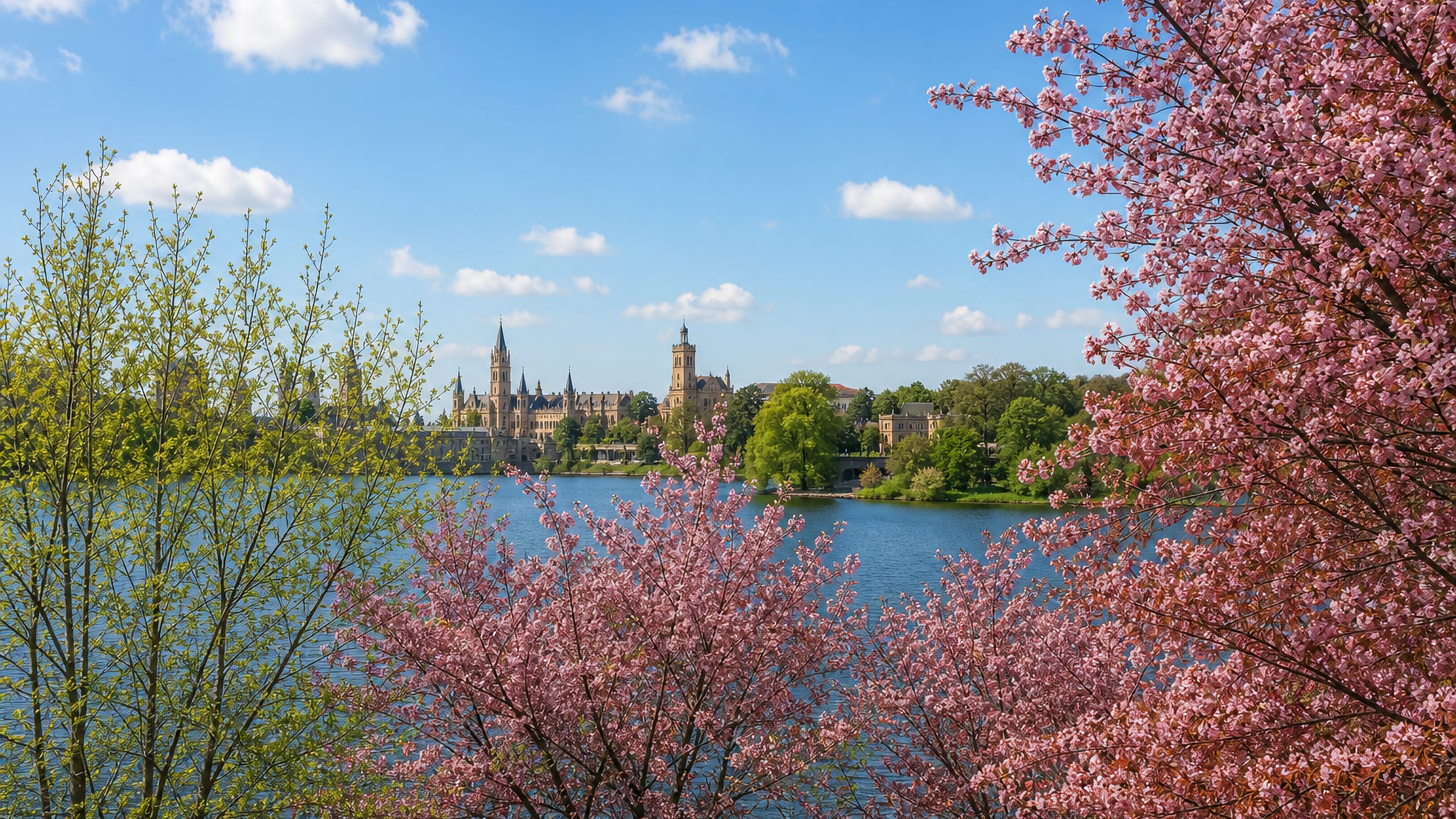Cherry blossom framing a lake with a spired palace on the far shore near Babelsberg, Potsdam