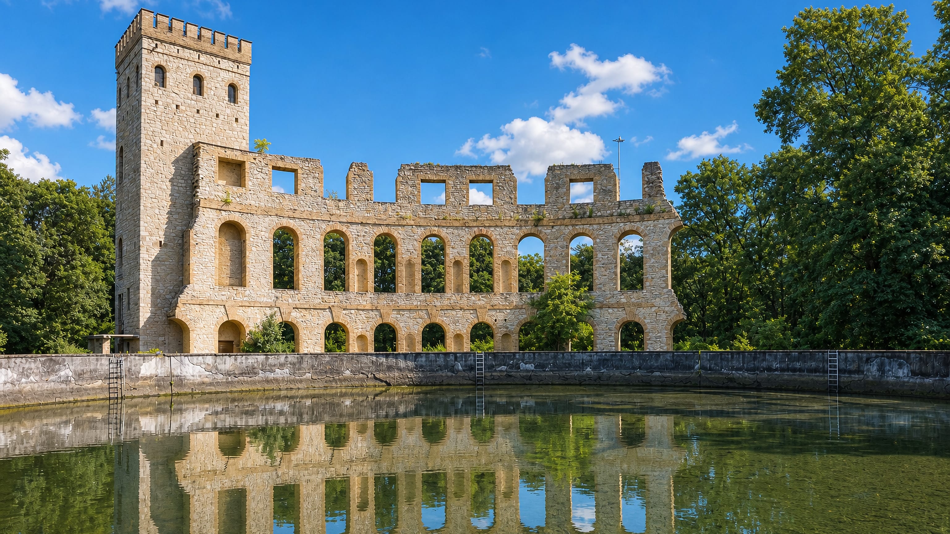 The Ruinenberg's Roman-style folly and Norman tower reflected in the reservoir above Bornstedt, Potsdam.