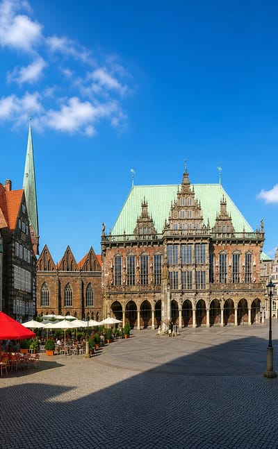 Bremen's Market Square with the ornate Town Hall, St. Petri Cathedral twin towers and gabled merchant houses