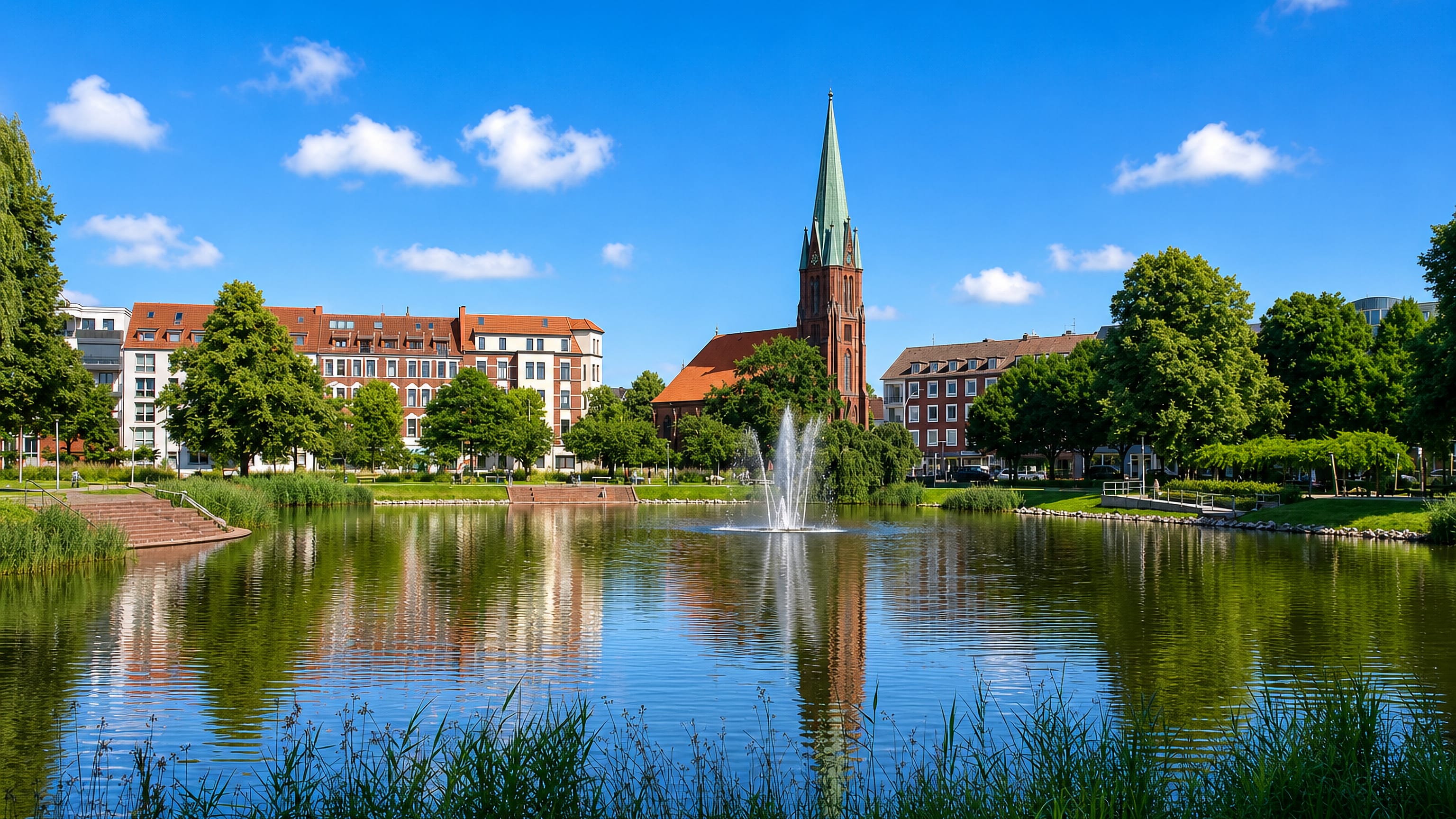 Park pond and fountain in Geestemünde, Bremerhaven, below a brick church spire and 19th-century houses.