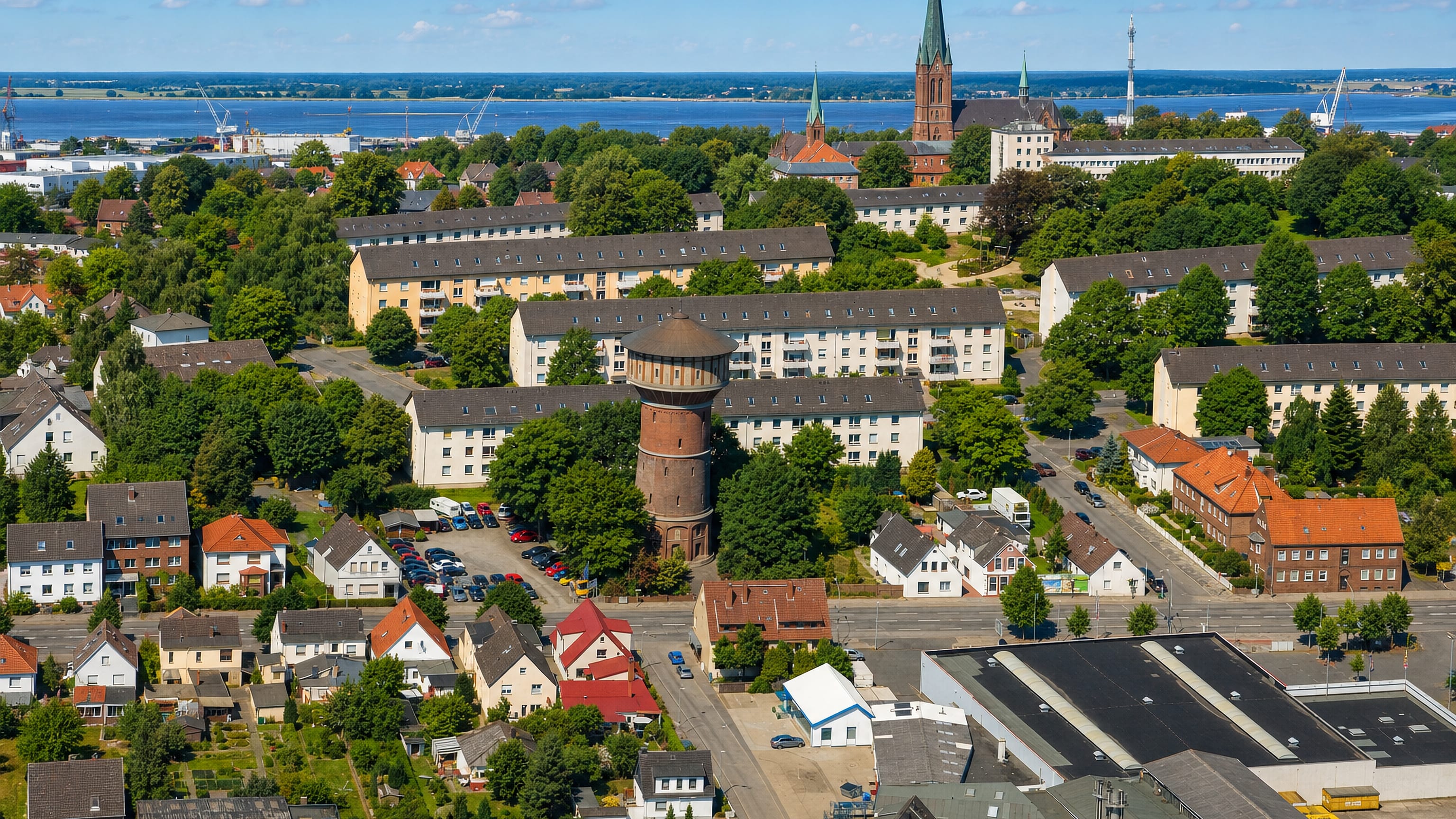 Brick water tower and church spire above the rooftops of Lehe with the Weser and harbour cranes beyond, Bremerhaven.