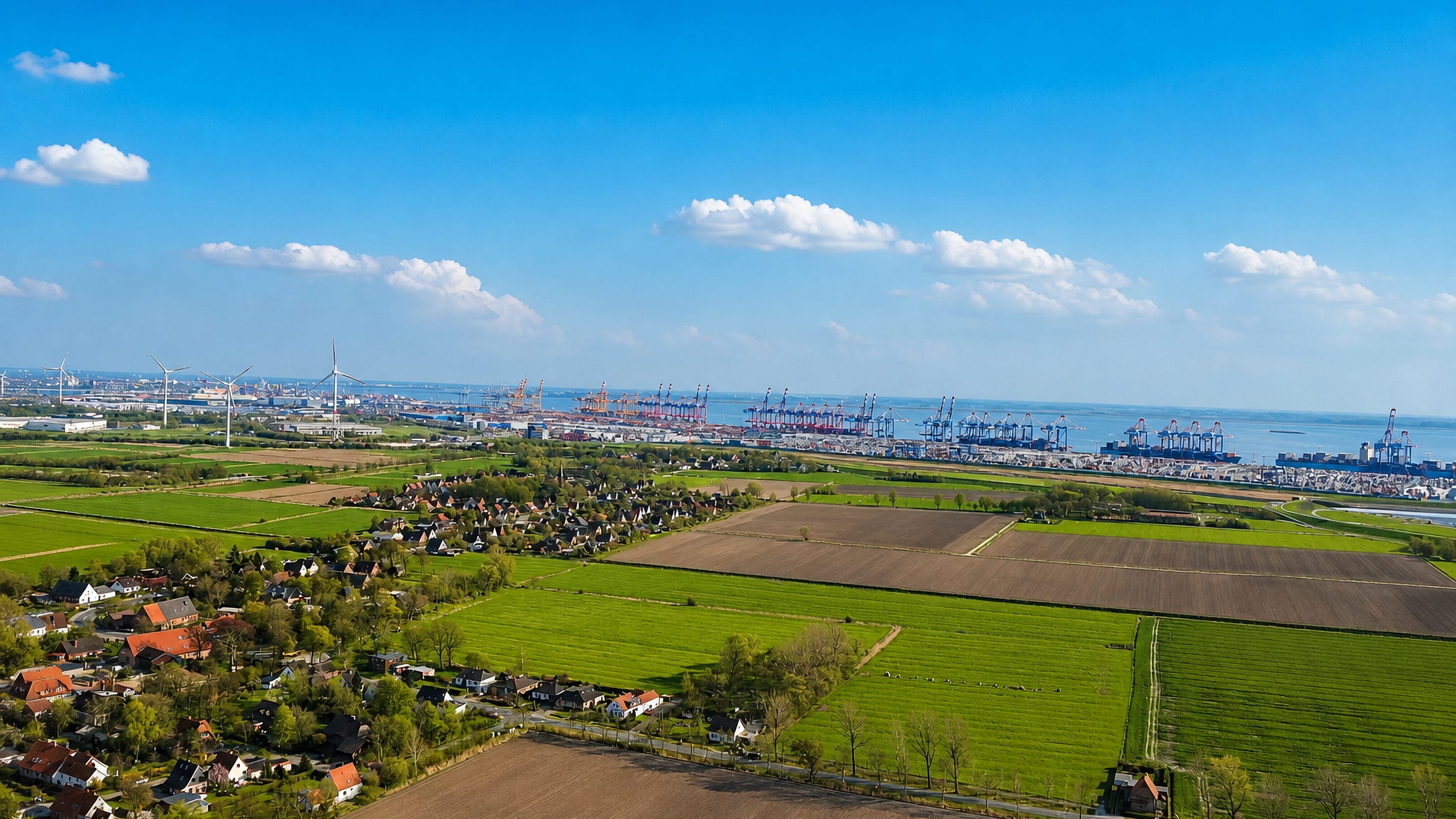 Village houses and flat fields with Bremerhaven's container-terminal cranes on the horizon at Weddewarden.