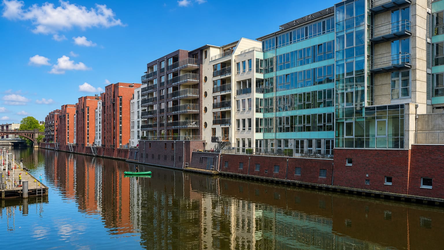 Modern waterside apartment buildings reflected in a canal under blue sky in Barmbek-Sud, Hamburg