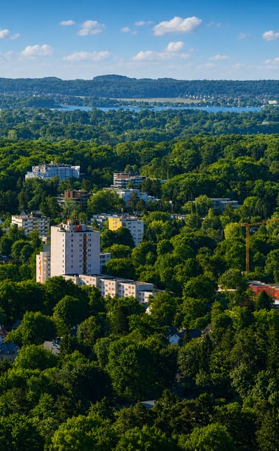 Aerial view over Eissendorf, a green Hamburg-Harburg district of low houses and white apartment towers among dense woodland with hills and water beyond