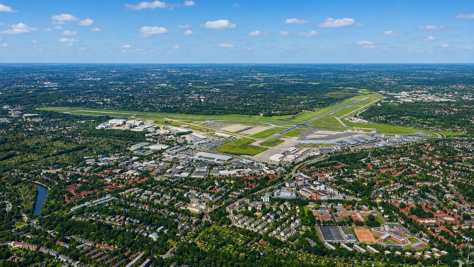 High aerial of Hamburg-Nord showing Hamburg Airport runways amid leafy residential neighbourhoods under a blue sky.