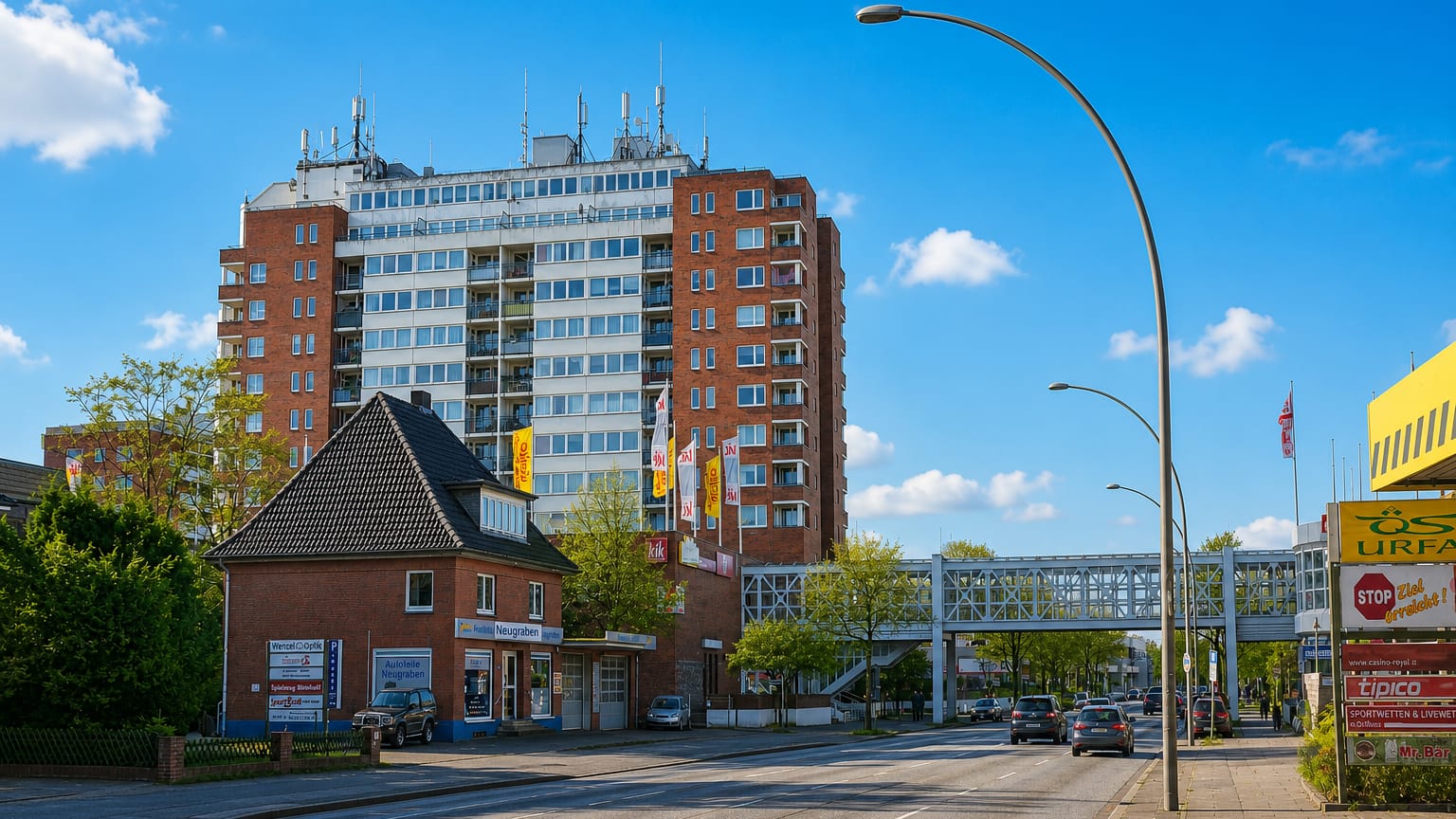 Street scene in Neugraben-Fischbek, Hamburg, with a brick high-rise tower marked Neugraben, a pedestrian bridge and passing traffic.