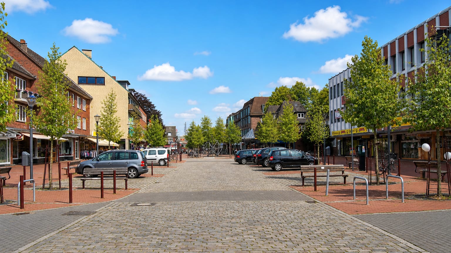 Pedestrianised market square in Niendorf, Hamburg, lined with brick shop buildings, trees and cobblestone paving.