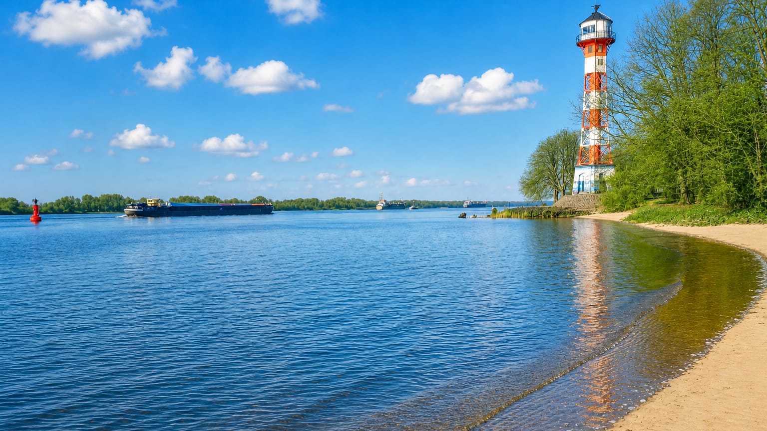 The red-and-white Wittenbergen lighthouse on the sandy Elbe beach at Rissen, Hamburg, with a cargo ship passing on the river under a blue sky.