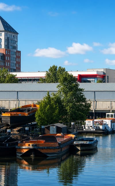 Moored barges and industrial warehouses along a canal with mid-rise buildings under blue sky in Rothenburgsort, Hamburg