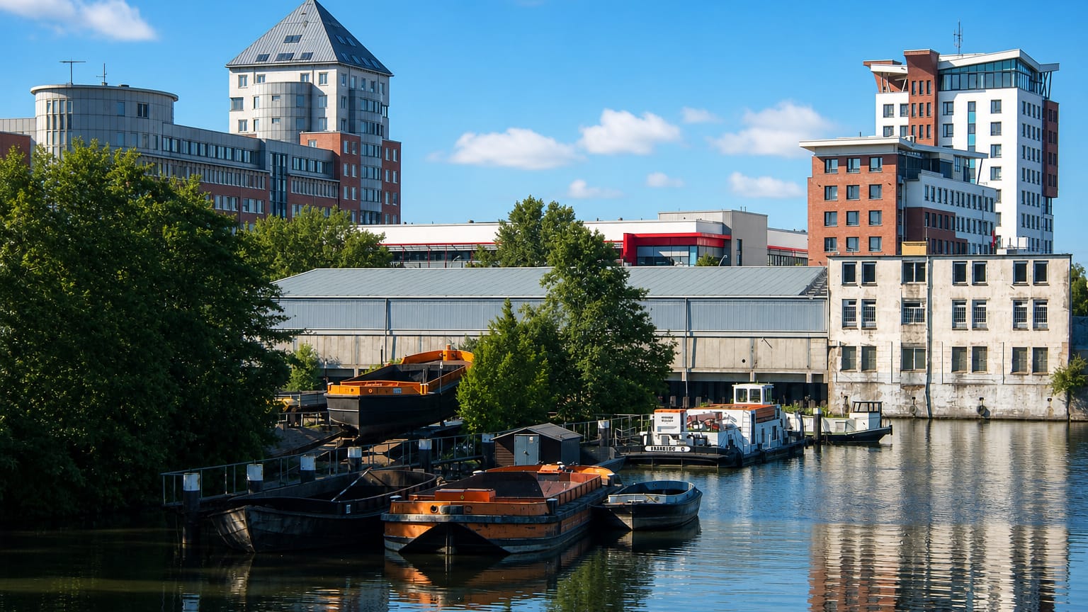 Moored barges and industrial warehouses along a canal with mid-rise buildings under blue sky in Rothenburgsort, Hamburg