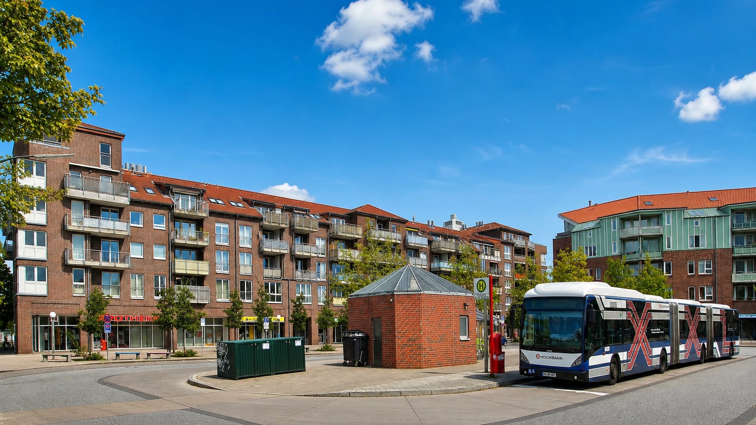 Street-level square with brick apartment blocks, a bus stop pavilion and an articulated transit bus in Schnelsen, Hamburg