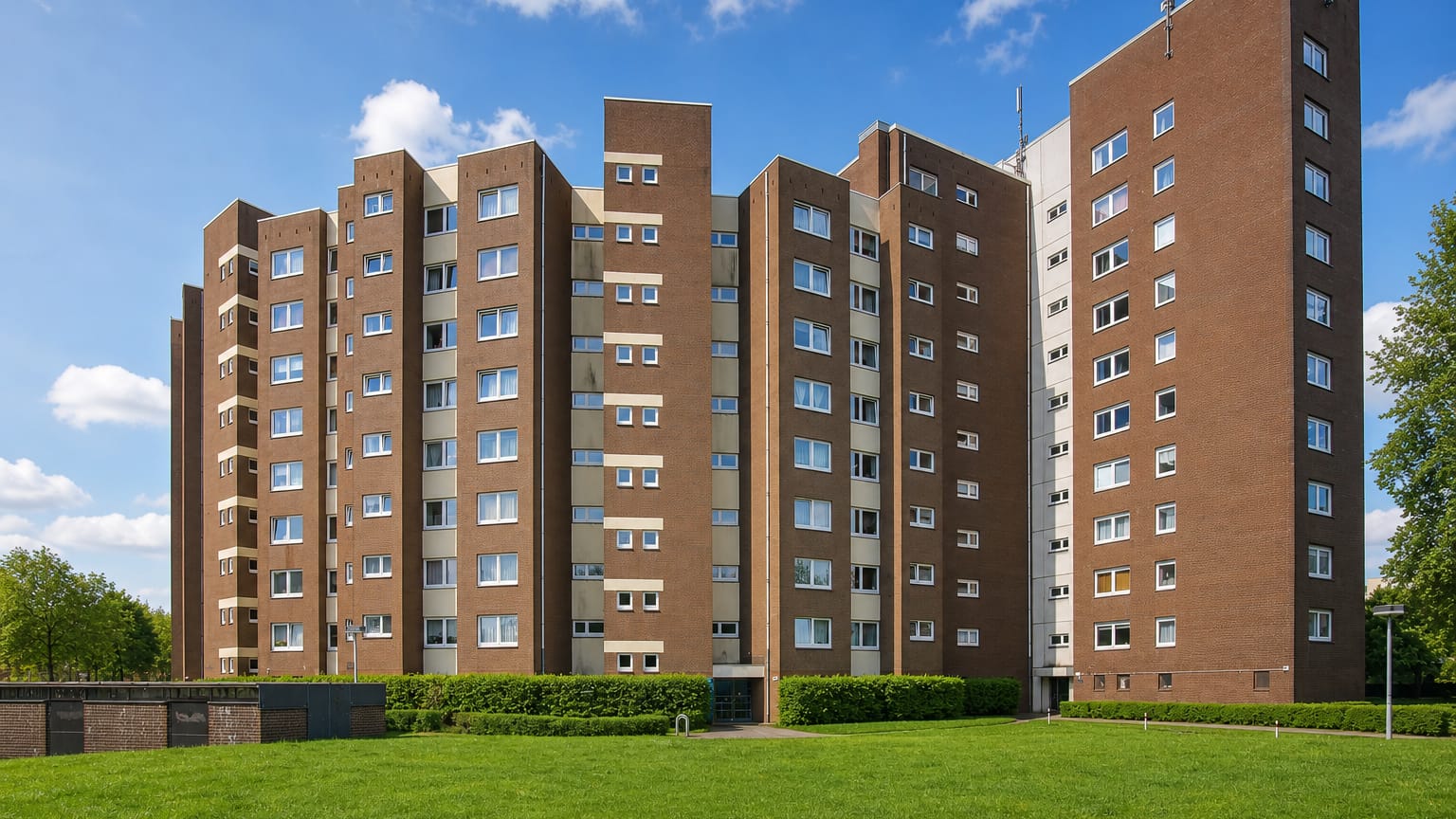 Brown-brick 1970s high-rise apartment towers on a green lawn under a blue sky in Steilshoop, Hamburg