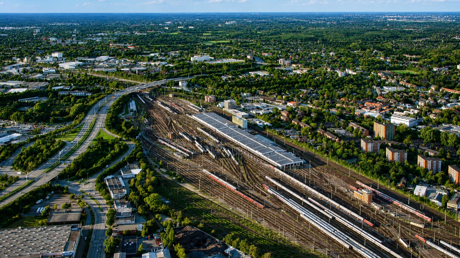 Aerial view of the railway yards and green suburban surroundings of Stellingen in Hamburg on a sunny day.