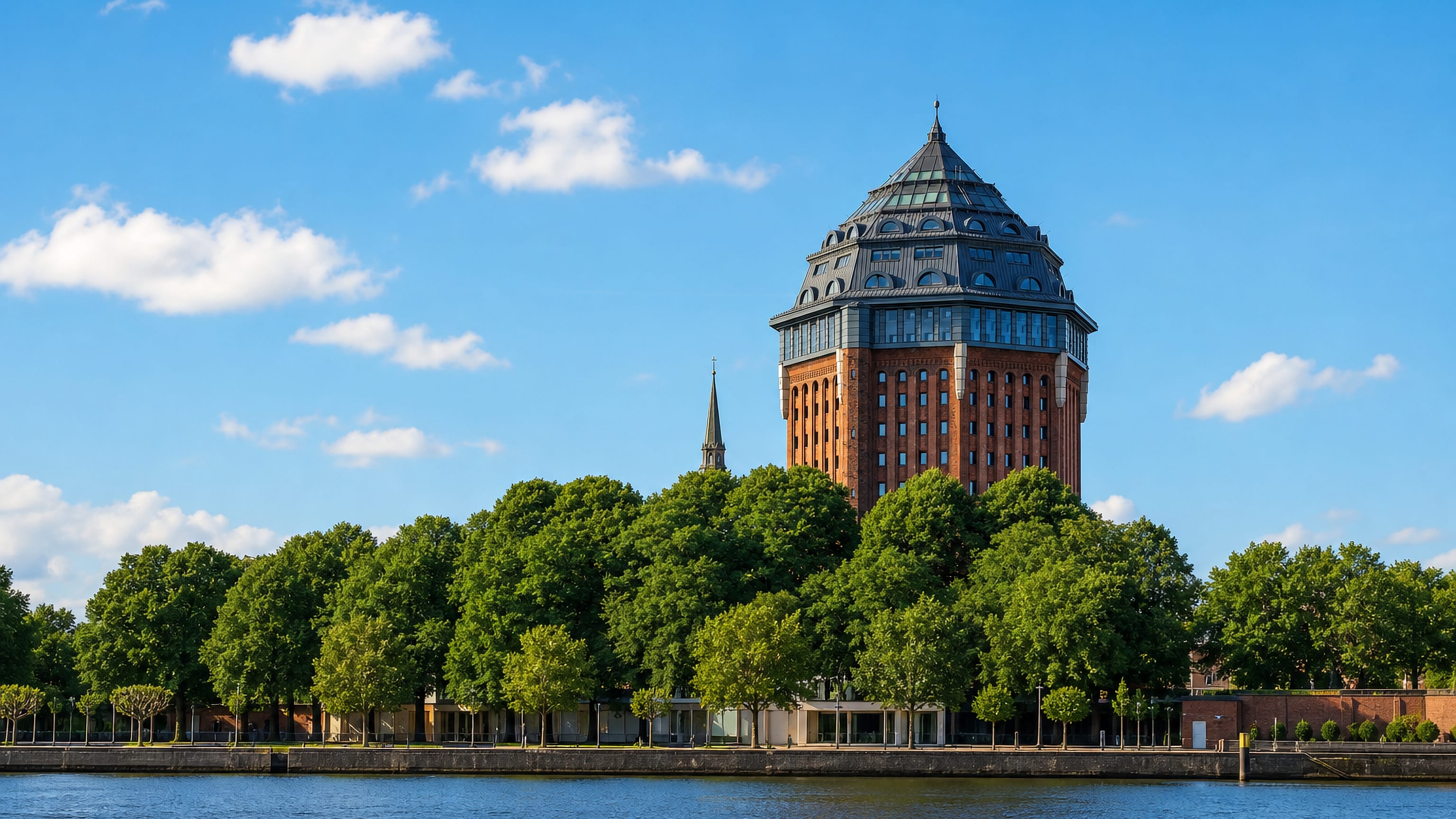 The brick Sternschanze water tower rising above trees on a Hamburg waterfront.