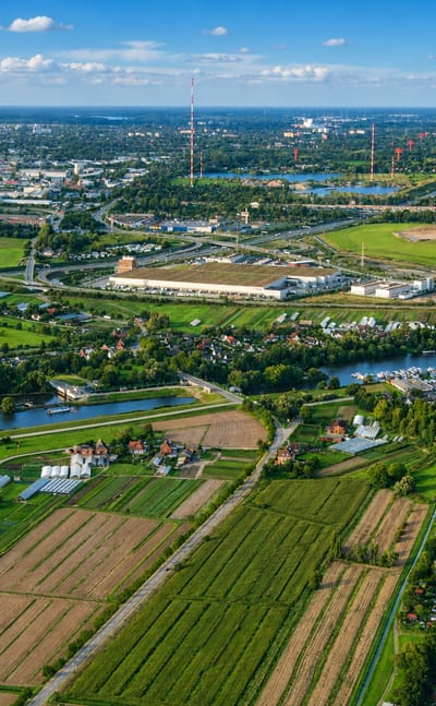 Aerial view of Tatenberg's market gardens, polder fields and Dove Elbe marina on Hamburg's southeastern edge