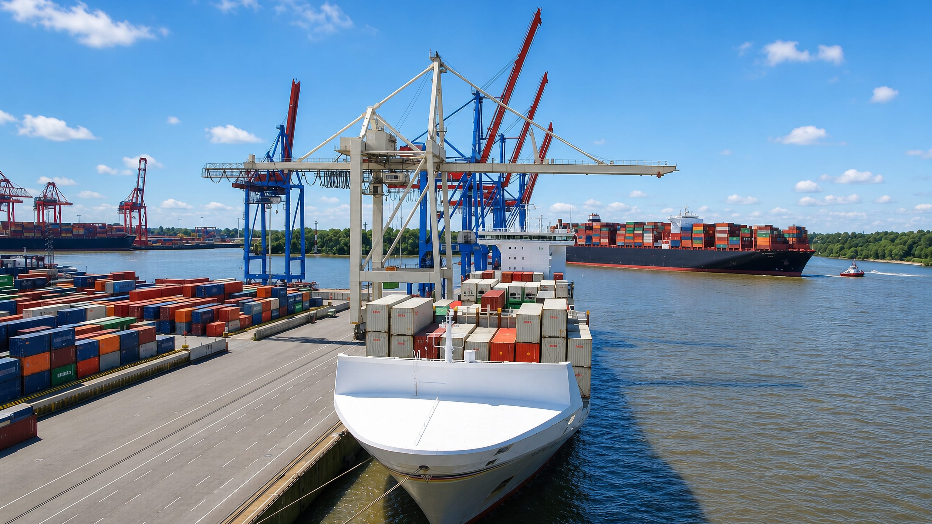 Container cranes and stacked containers at the Waltershof terminal on the Elbe in Hamburg, a ship at berth.