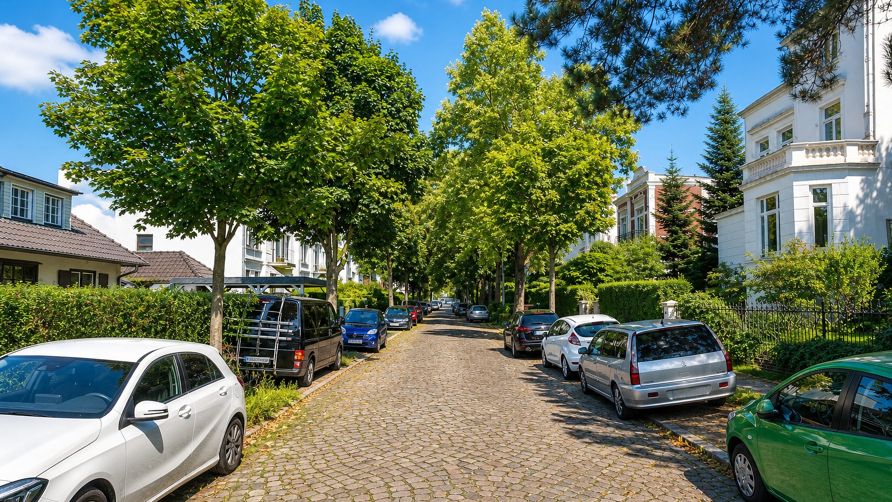 A cobbled, tree-lined residential street of white villas in Wandsbek, Hamburg.