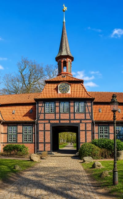 The half-timbered Wellingsbuttel Torhaus manor gatehouse with clock tower and cobbled path in Hamburg's Wellingsbuttel